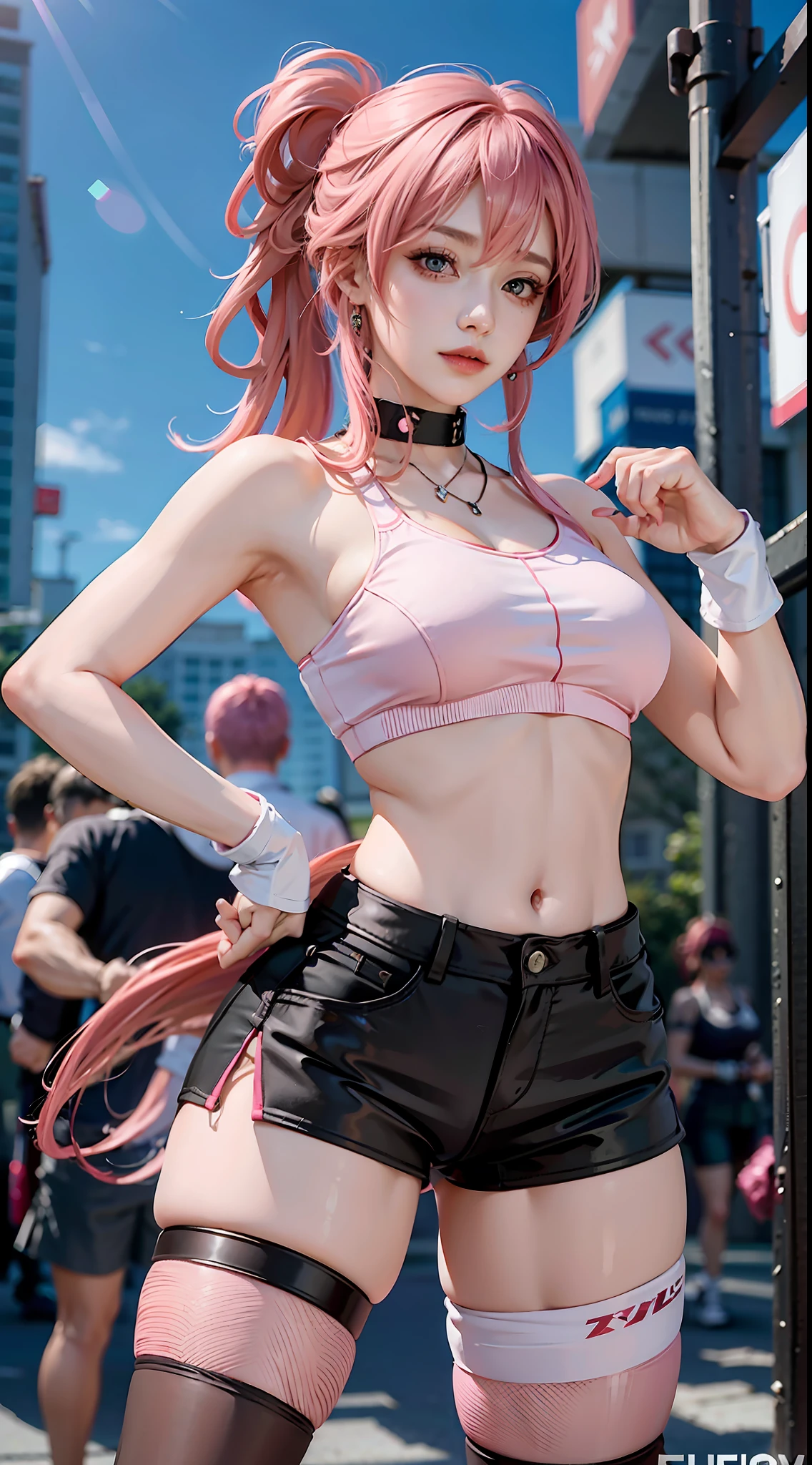 Beautiful woman, 1 girl, pink hair woman, fighting stance, black pantyhose, black gloves, sports bra, jewelry, shorts, J thighs. pink hair, drills, asymmetrical hair,