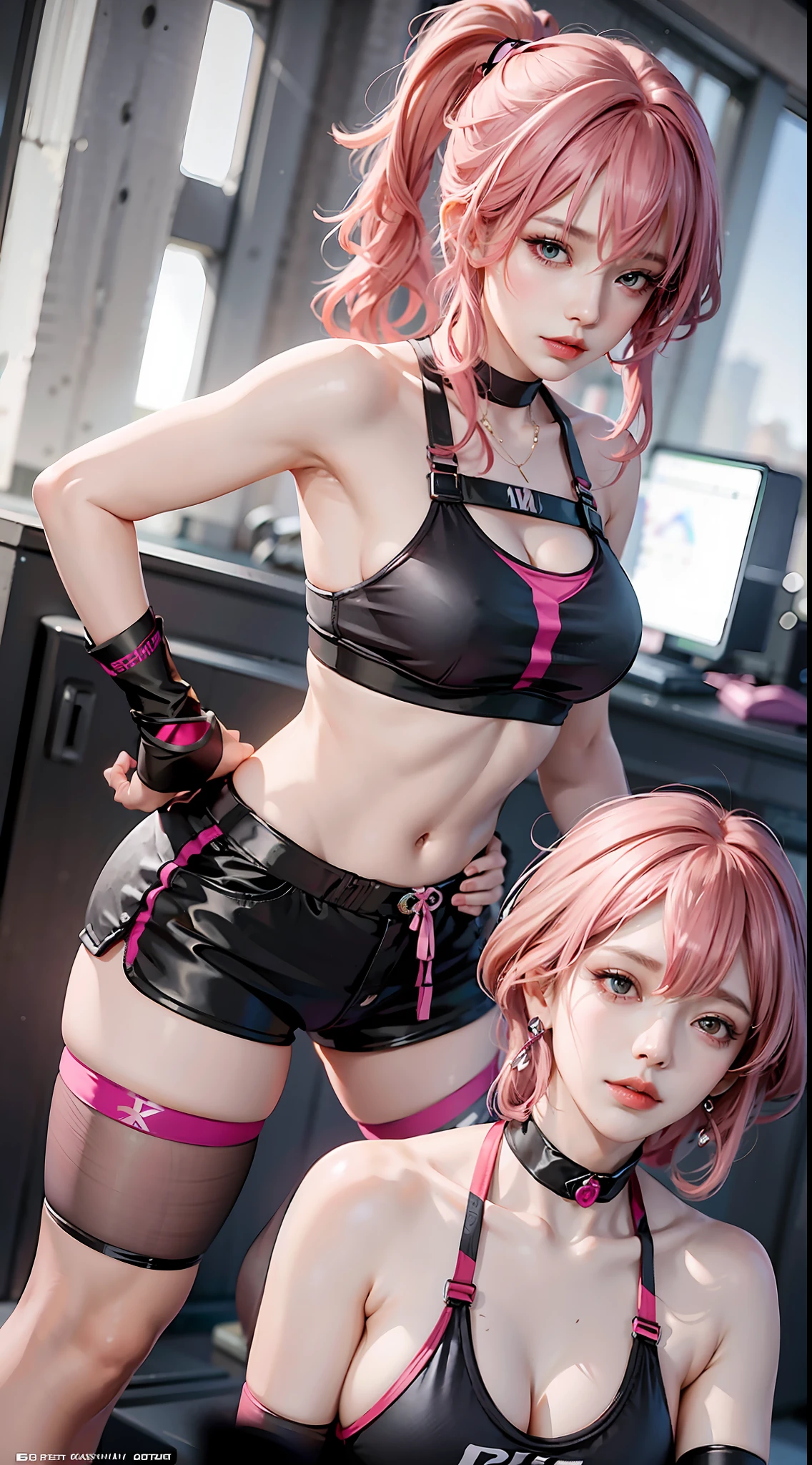 Beautiful woman, 1 girl, pink hair woman, fighting stance, black pantyhose, black gloves, sports bra, jewelry, shorts, J thighs. pink hair, drills, asymmetrical hair,