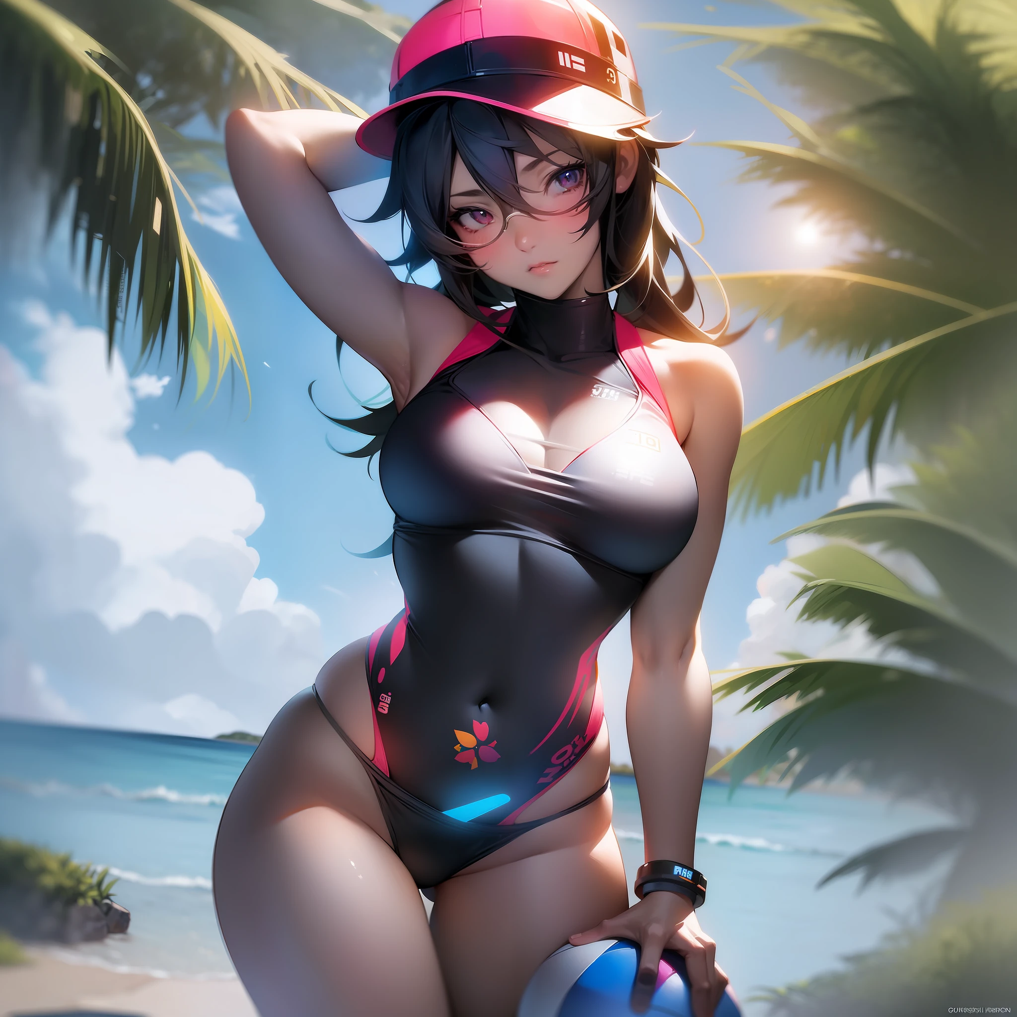 anime girl in bikini with volleyball ball and hat, cutesexyrobutts, pixiv 3dcg, realistic bikini, swimsuit, asuka suit under clothes!, at pixiv, loli, pixiv, is wearing a swimsuit, bathing suit, overwatch tracer in a bikini, [ 4 k digital art ]!!, small curvy loli, hq artwork