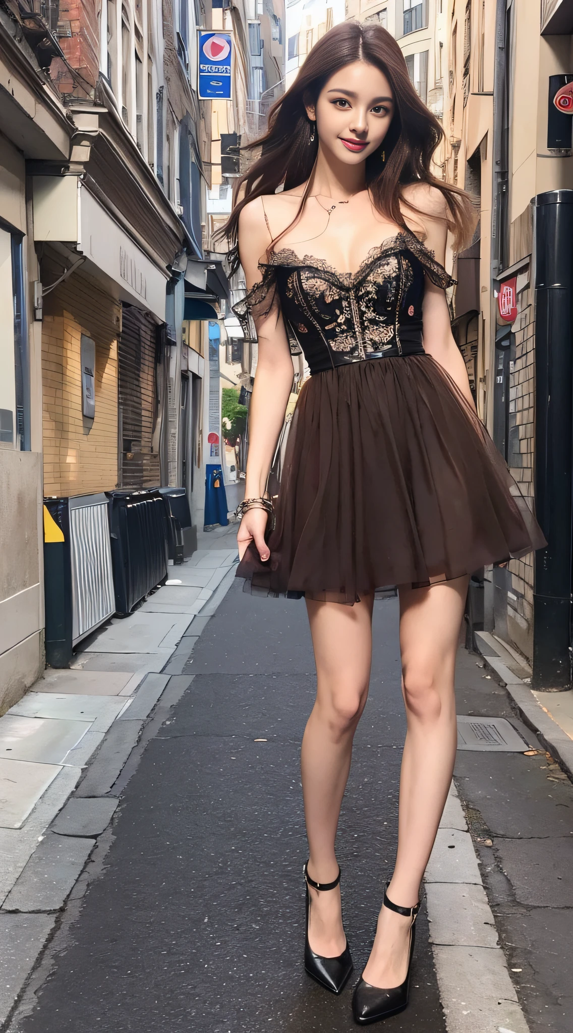 ((top quality, 8k, masterpiece: 1.3)), 1 girl, smile, full body, slim face, pretty woman, (dark brown hair), Free color full-length dress: 1.1, fashionable pumps, ultra detailed face, detailed eyes, double eyelids, blurred background, slim face, city, outside, street,