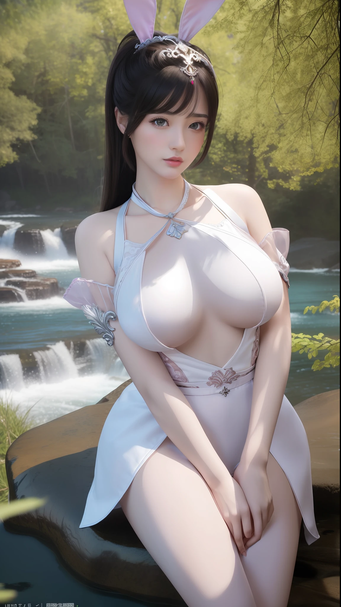 xiaowu, mature female, mistress, goddess, rabbit ears, sitting,cross_legs,arms_crossed, (masterpiece, best quality, extremely detailed 8k, ultra hd, ultra-detailed, highly detailed, highly realistic, photo realistic), (russian, 1girl:1.5), (highly proportional head, 1head:1.5), (beautiful realistic face, detailed realistic face), (high detailed realistic hair, beautiful realistic hairstyle), (beautiful realistic eyes, high detailed realistic eyes, proportional eyes, high detailed pupils), (high detailed realistic natural eyebrows), (high detailed realistic lips, beautiful realistic lips, pink lipsticks), (high proportional realistic breasts, realistic medium breasts), slender body, highly detailed skin, full body view, full body shot, lingerie, waterfall, lake, trees, grass,