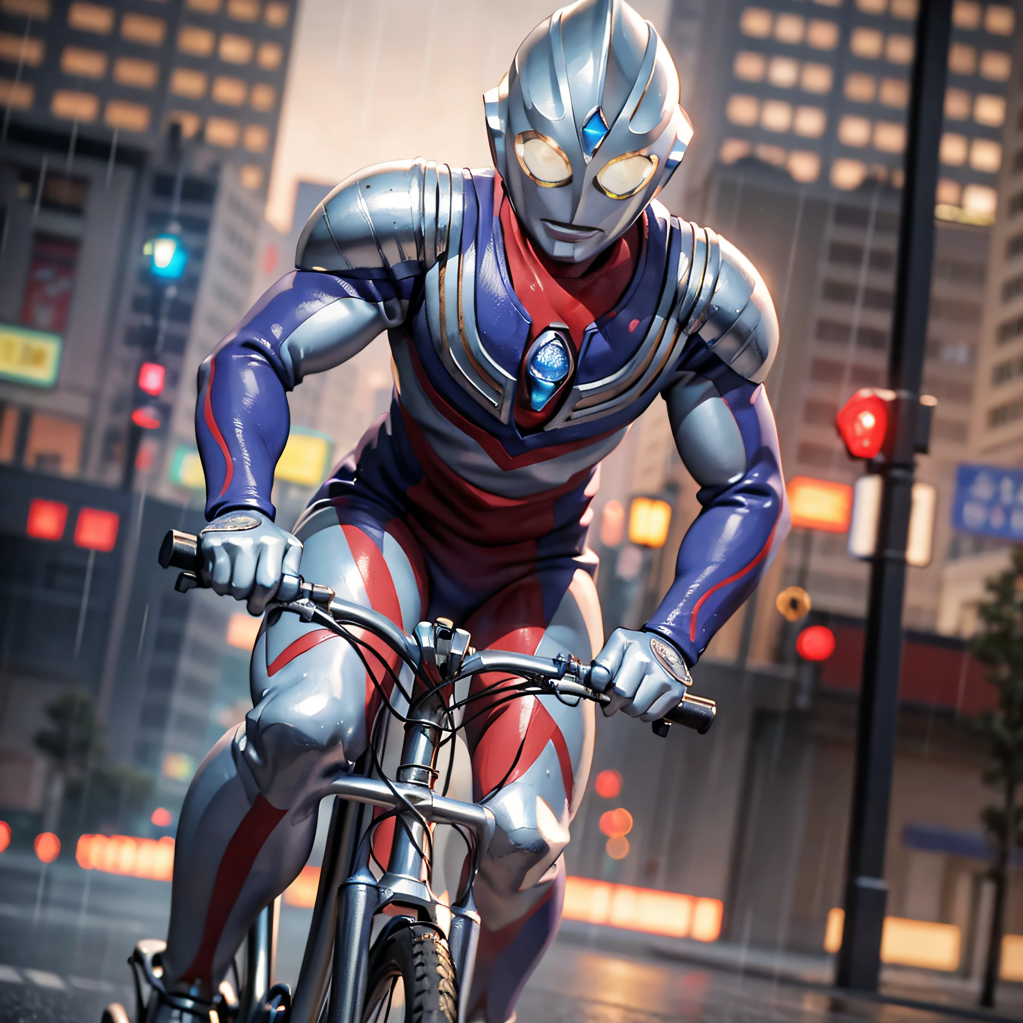 1BOY riding bikes suburban street storm and rain, (masterpiece:1.2) (photorealistic:1.2) (bokeh) (best quality) (detailed skin:1.3) (intricate details) (8k) (HDR) (cinematic lighting) (sharp focus) ALIEN.TOKUSATSU.GLOWING EYES