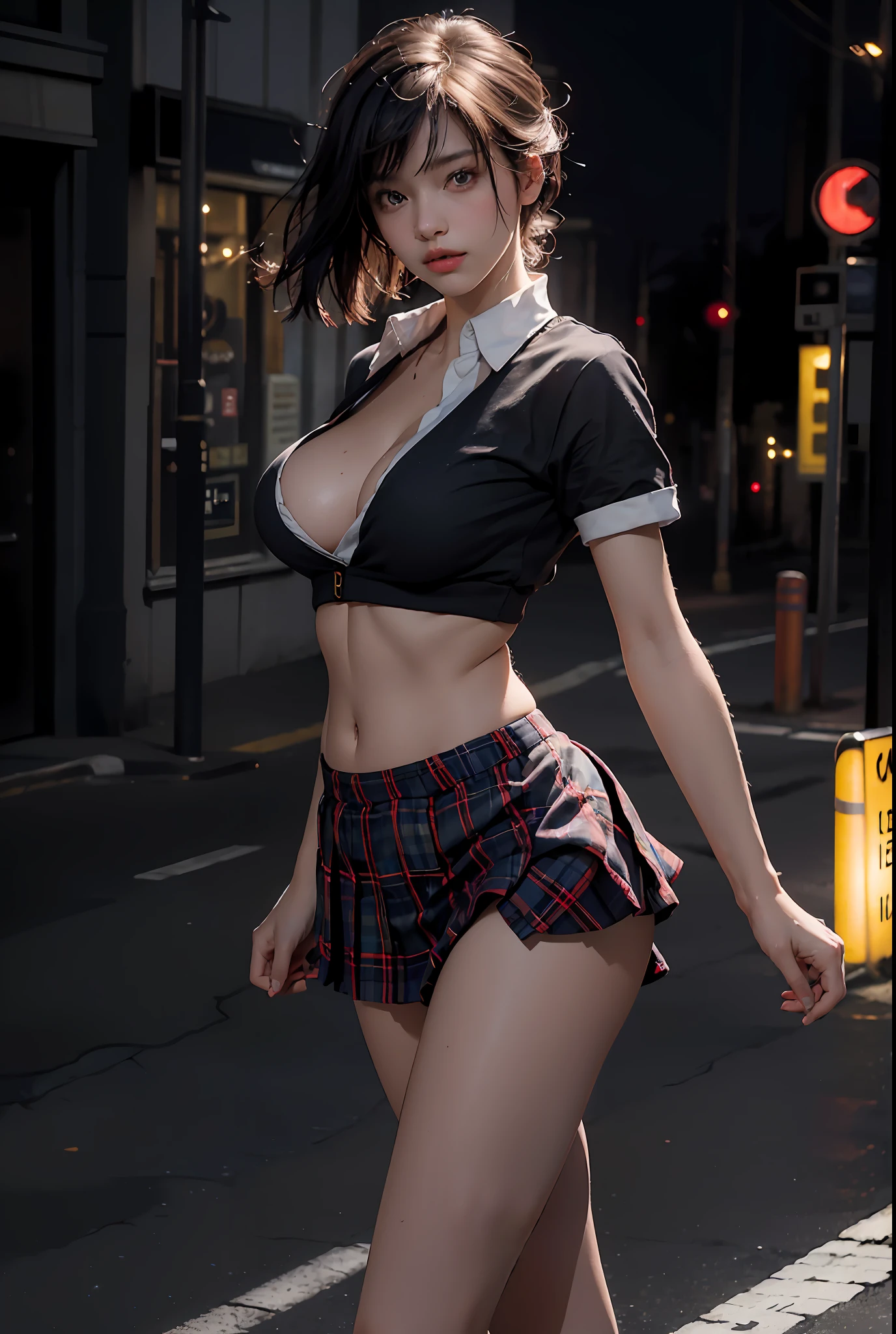 Best quality, masterpiece, ultra high res, (photorealistic:1.4), raw photo, (perfect body shape), (slim:1.2), dynamic pose, 1girl, (full figure:0.9), solo, big breasts, sagging breasts, school uniform, plaid mini skirt, in the dark, night, on the street, deep shadow, low key, cold light 12000K