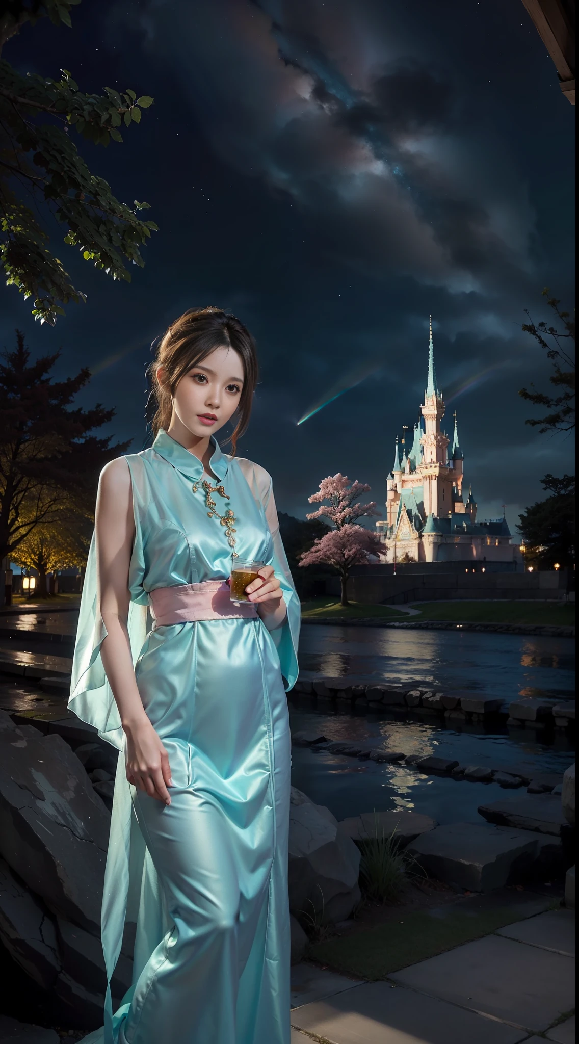 An Asian girl, beautiful, young, slim, (fluorescent color: 1.4), (translucent: 1.4), (fantasy: 1.4), candy world, Disneyland, ethereal, soft, fluffy, soft, landscape forest, snowman, pastel, pink sky, green, blue, shine, ethereal, light pastel, whimsical radiance rainbow stars, diamonds, sparkling gemstones, background super realistic, super quality movie, full HD, painting with plenty of light