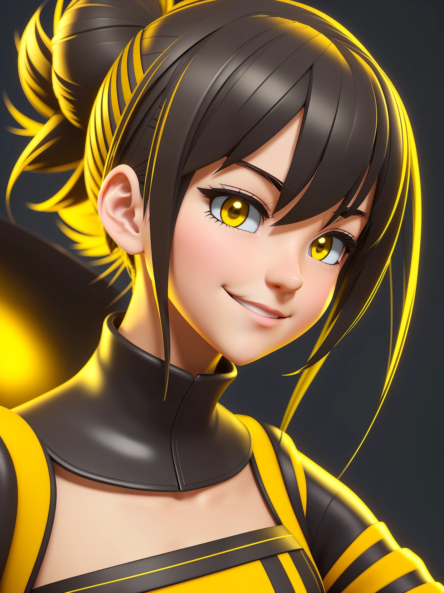 Young girl, a cartoon character dark yellow outfit, expression with melancholic smile, (hair up to shoulder), stylized character, animation character, stylized 3d render, 3d character, highly detailed character, stylized anime, stylized 3d, render character, character model, close up, maximum quality
