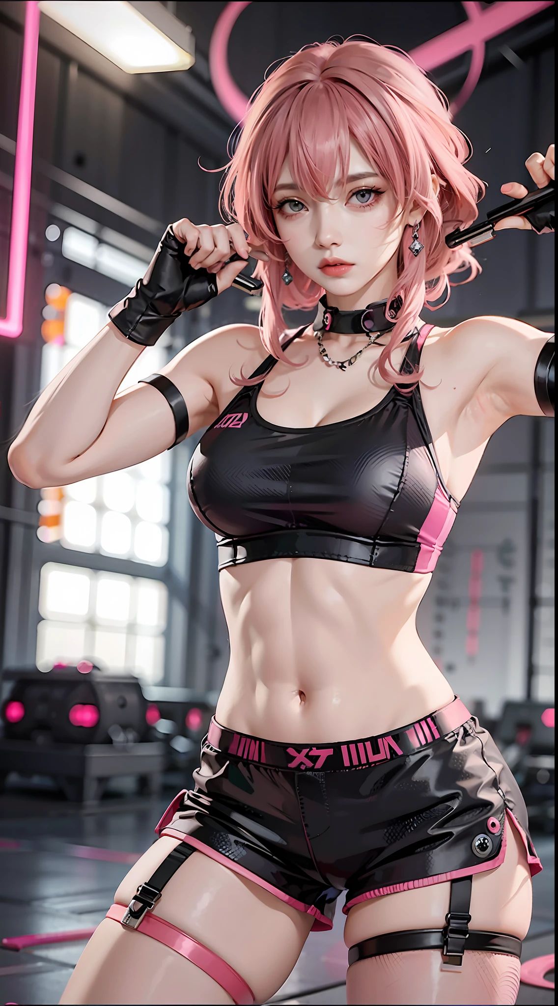 Beautiful woman, 1 girl, pink hair woman, fighting stance, black pantyhose, black gloves, sports bra, jewelry, shorts, J thighs. pink hair, drills, asymmetrical hair,