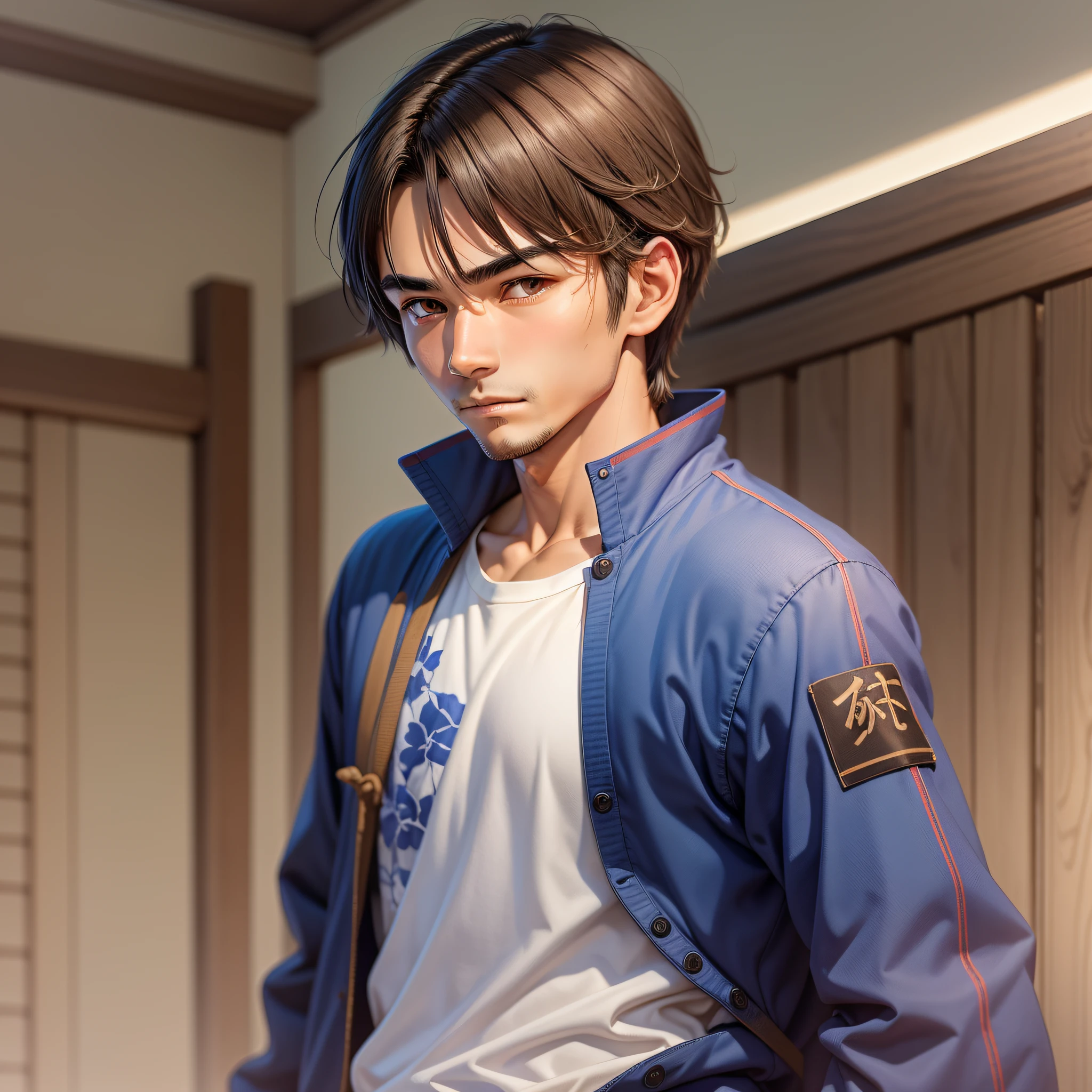 Image of bench boy, approximately 14 years of mature appearance, brown eyes straight hair and long up to (shoulder height) and dark brown color, without beard or goatee, dressed in Japanese school style jacket of blue and open color showing muscular body, holding a katana