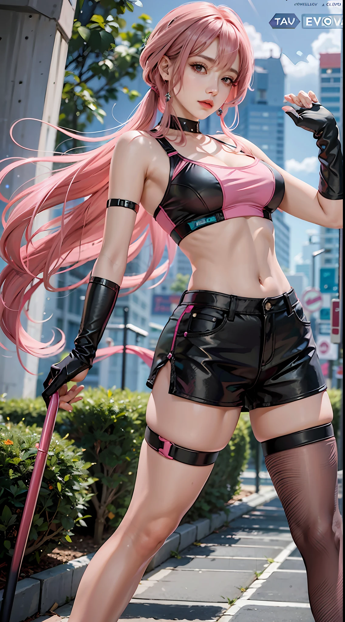 Beautiful woman, 1 girl, pink hair woman, fighting stance, black pantyhose, black gloves, sports bra, jewelry, shorts, J thighs. pink hair, drills, asymmetrical hair,
