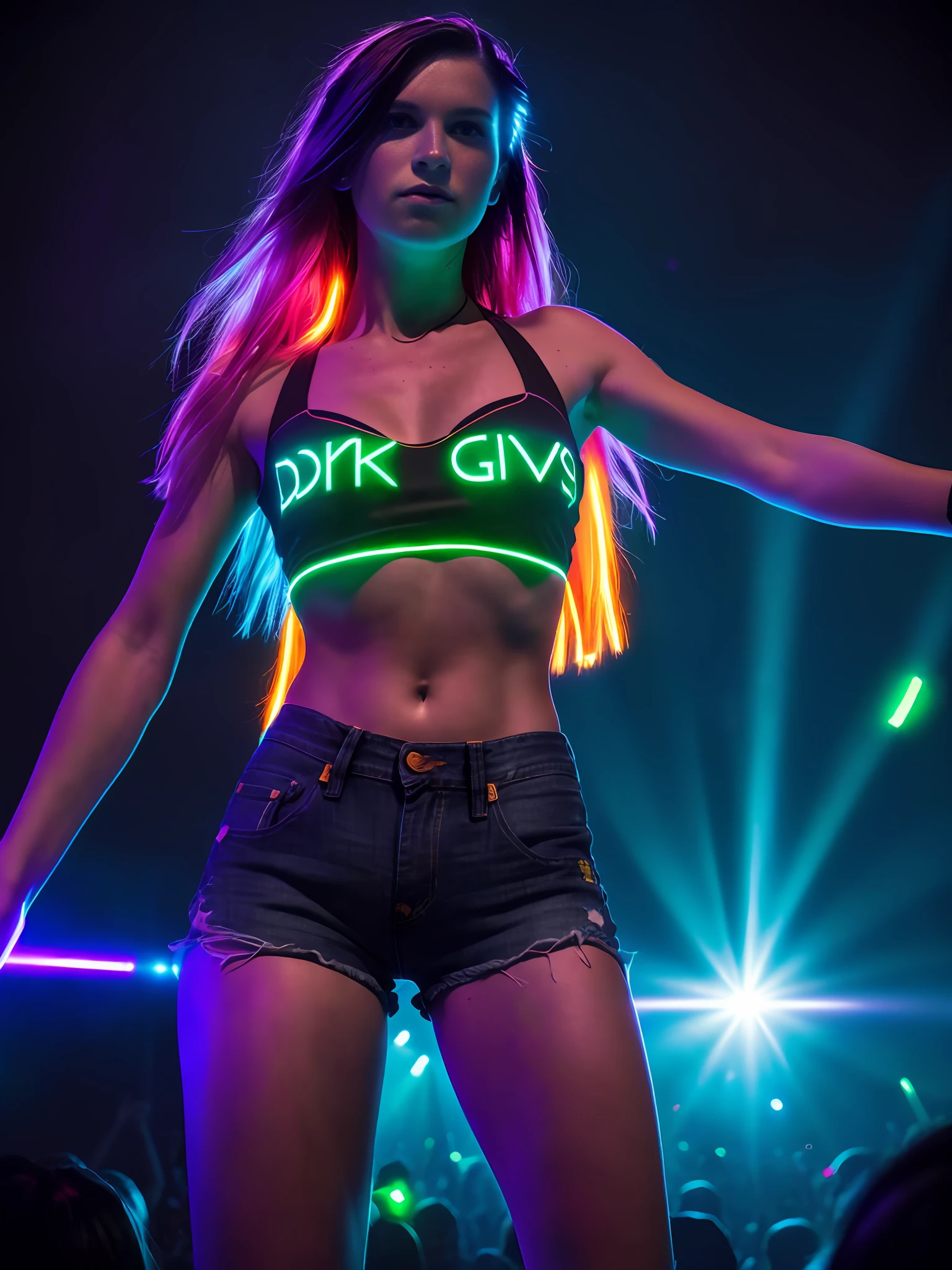 night, rays of light, rave, highres, lens flare, led, masterpiece, cinematic lighting, ((((dark scene, dim lit))) bandeau , 1woman, rave festival, perfect skin, long colored hair,translucent t-shirt,short jean shorts,ripped, toned, cameltoe, focus on chest, focus on legs