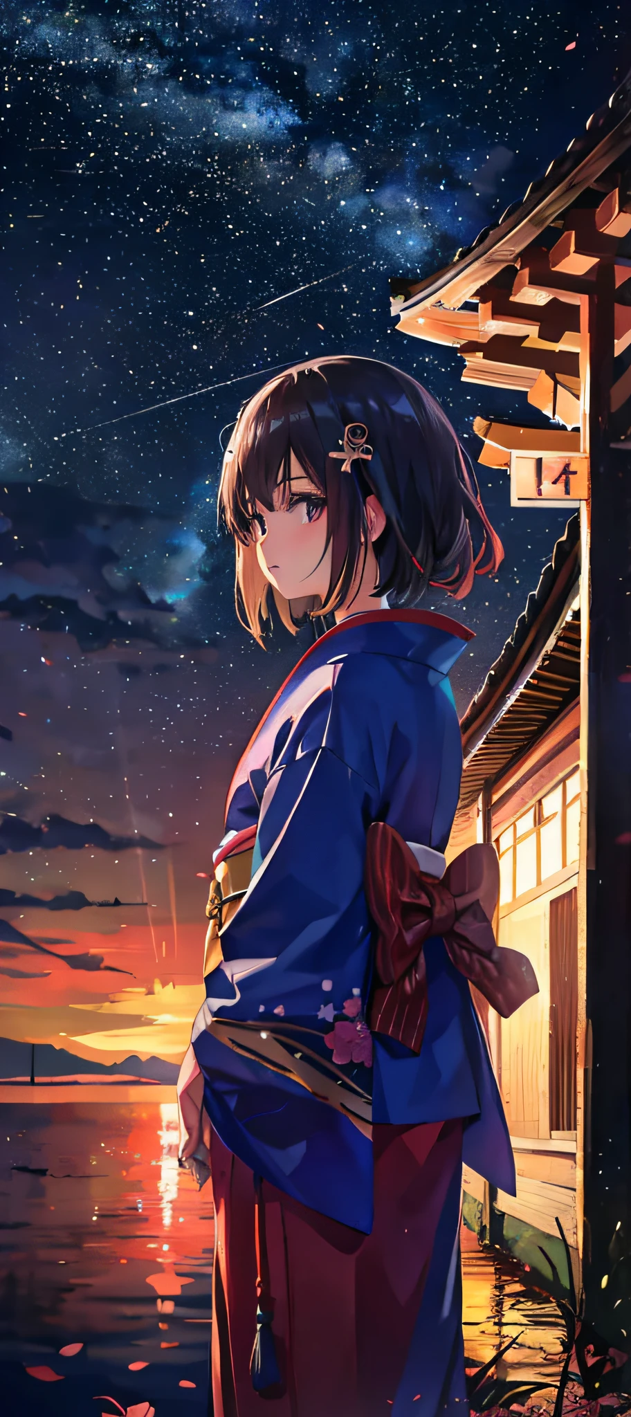 1girl, distant girl kissing maiden in kimono gazing at the stars, (zoom out: 1.1), (meteor shower: 1.2), (comet: 1.1), your name, low angle, from behind, Northern Lights, meteors, yukata, red kimono, cherry blossoms, standing in the field, best quality, masterpiece, clouds, colorful, starry, stars,