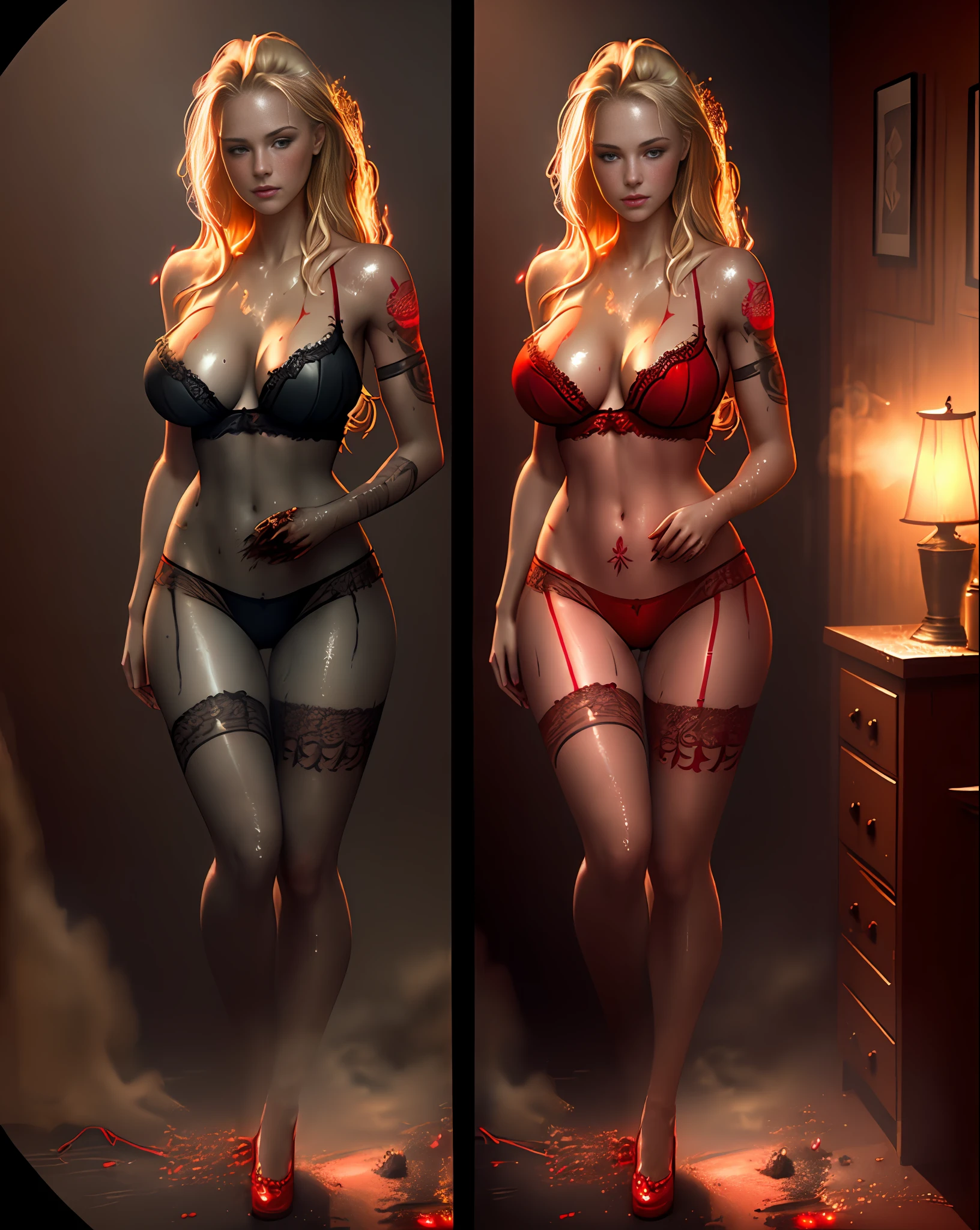Beautiful busty sexy blonde woman with perfect breasts and nice ass, with light clothes, transparent red lingerie in a dark room, (((dirty wet skin)))), thigh lace tattoo, pepper tattoo below navel, highly detailed, sparks, smoke, raised dust, development, realistic photography, HDR 4k, (full body shot), (wide angle)