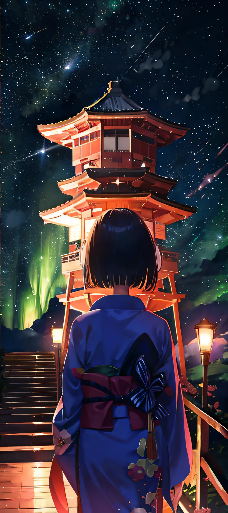 1girl, distant girl kissing maiden in kimono gazing at the stars, (zoom out: 1.1), (meteor shower: 1.2), (comet: 1.1), your name, low angle, from behind, Northern Lights, meteors, yukata, red kimono, cherry blossoms, standing in the field, best quality, masterpiece, clouds, colorful, starry, stars,