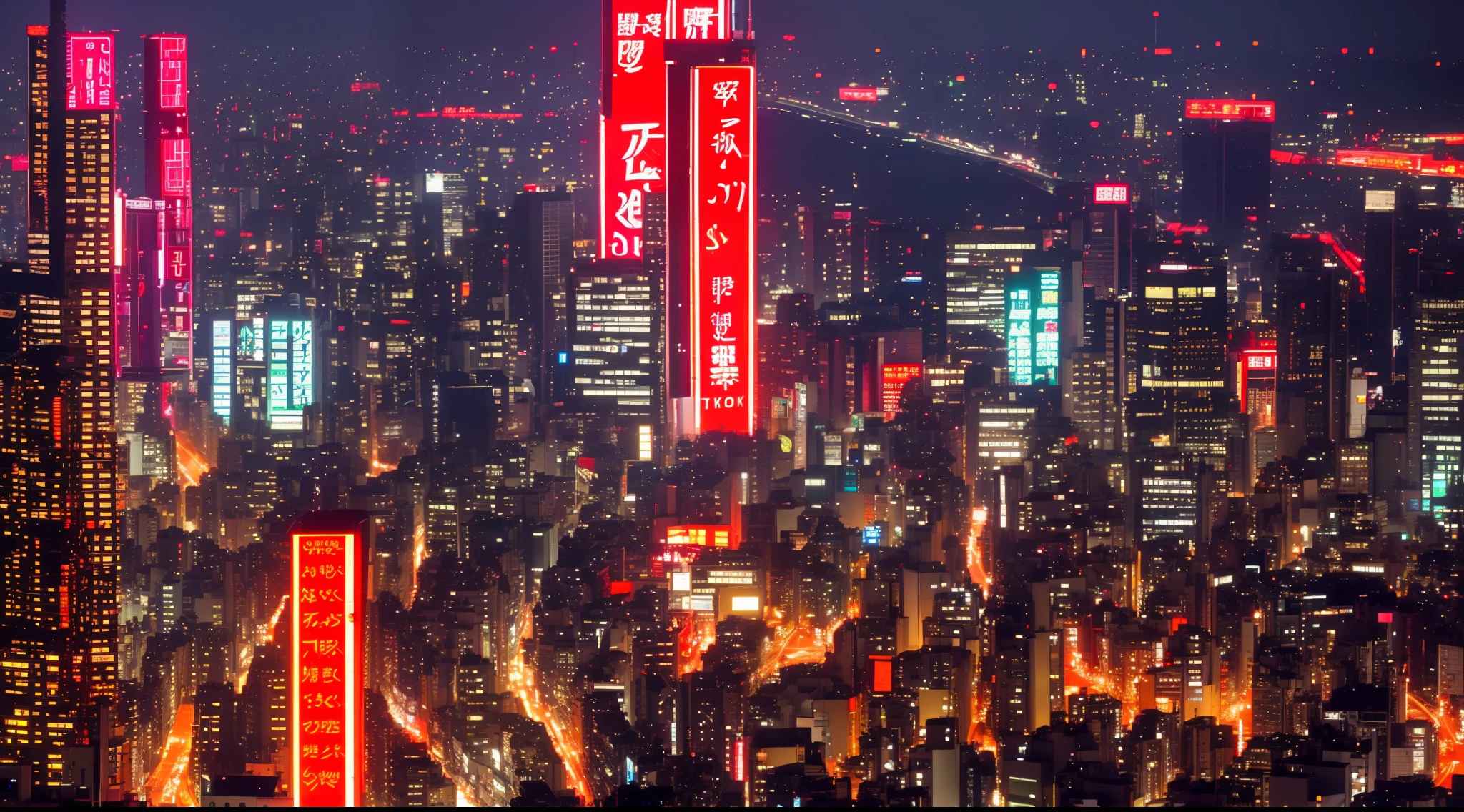 Tokyo Cyberpunk seen from above with red neon streets at night