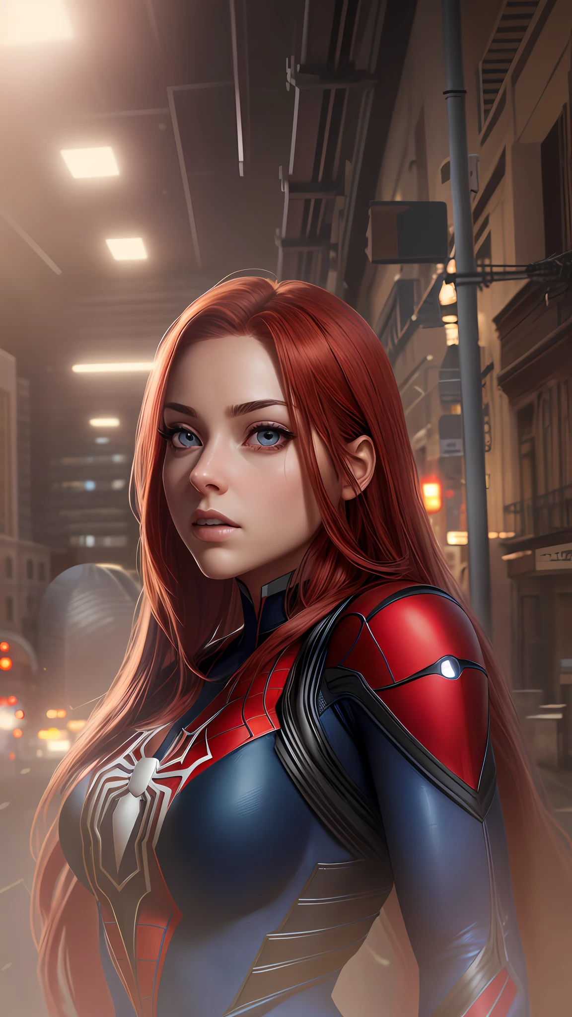 proportional eyes, (realistic: 1.5), photorealistic, hyper realistic, (extremely detailed eyes), hyper detailed, soft lighting, (detailed background), background with extreme detail, sharp details, ((full body)), female spider-man a girl with red hair