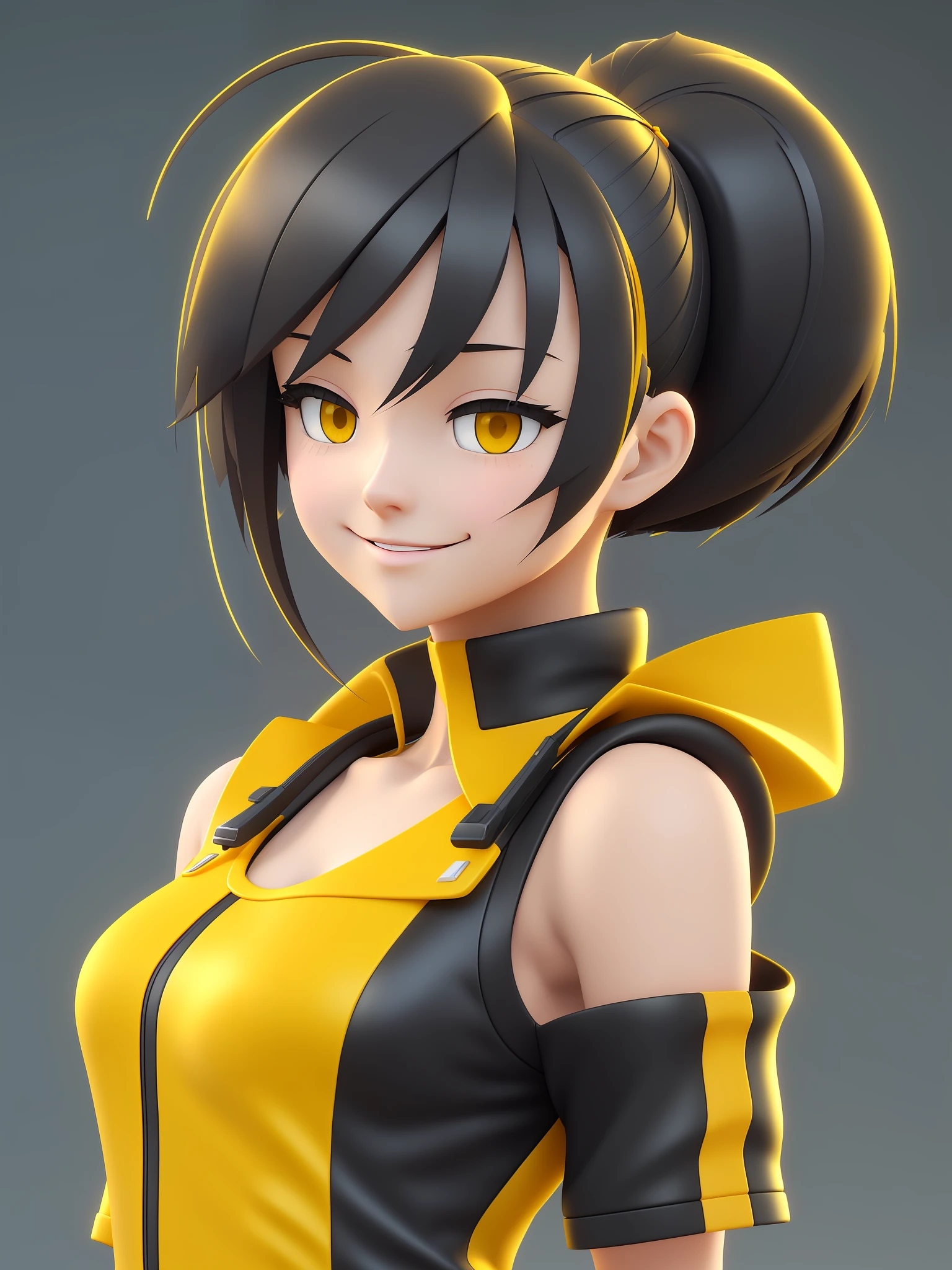 Young girl, a cartoon character dark yellow outfit, expression with melancholic smile, (hair up to shoulder), stylized character, animation character, stylized 3d render, 3d character, highly detailed character, stylized anime, stylized 3d, render character, character model, close up, maximum quality