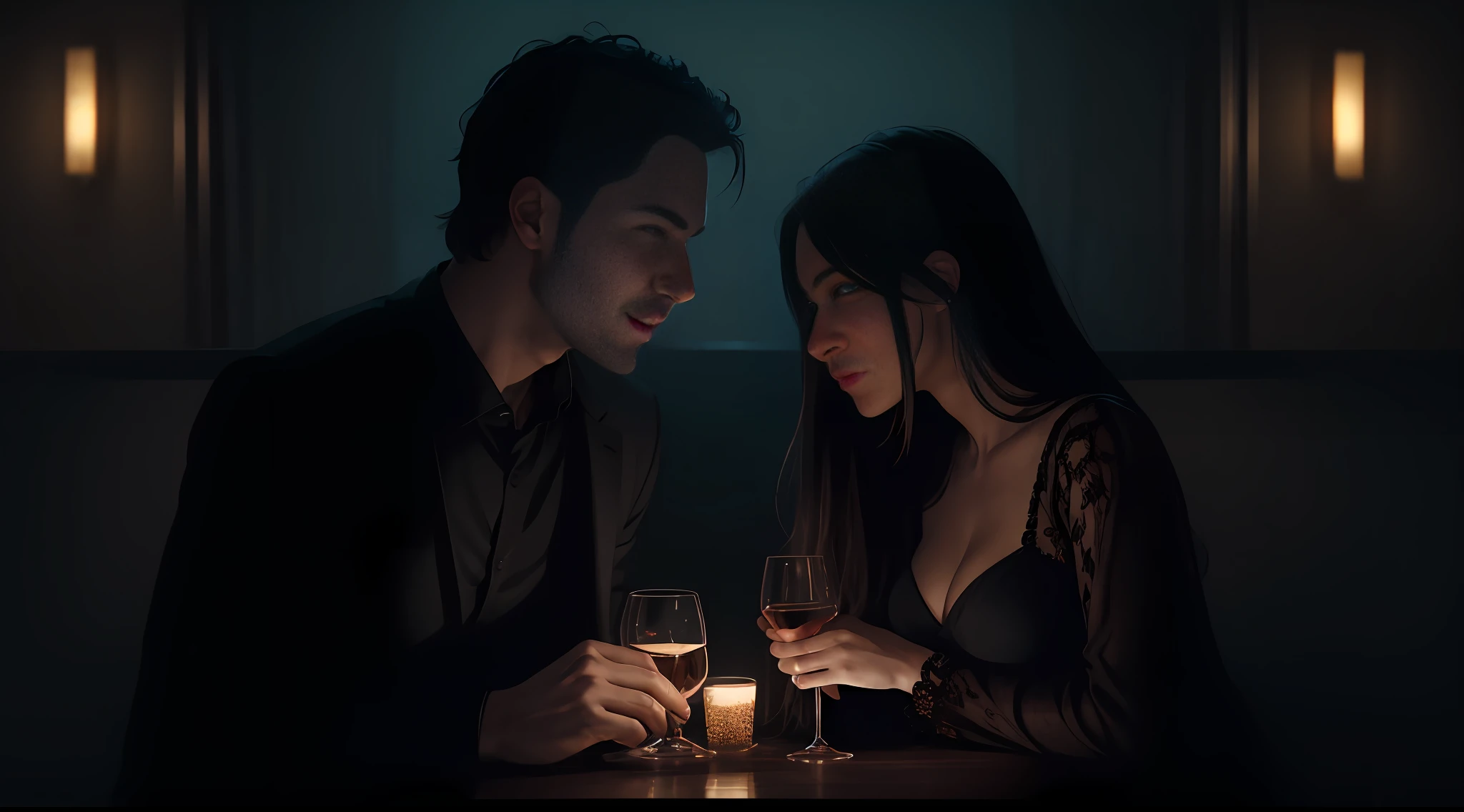 A hyper-realistic portrait of a couple dining in the dark, intense and bright night scene, dark and mysterious lighting, the scene emits a warm and frightening aura in equal measure. (embedding: dark filter)
