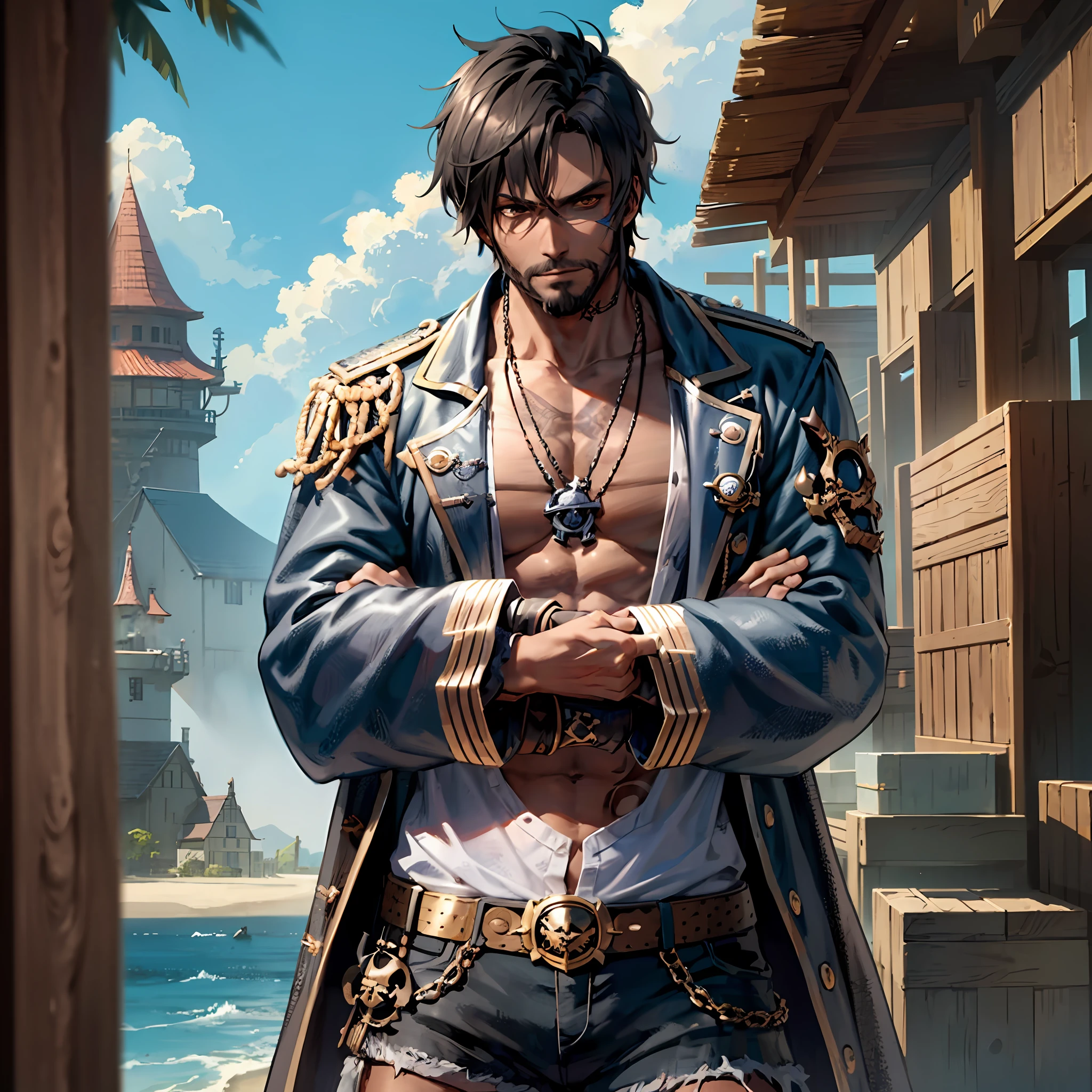 Male character anime version dark skin, 30 years, dark skin, beard, pirate tattoo, pirate, background house environment, arms crossed, bad guy, fit physique, beach shirt, jean shorts, pirate chepeu removed, brown eyes, masterpiece, anime,
