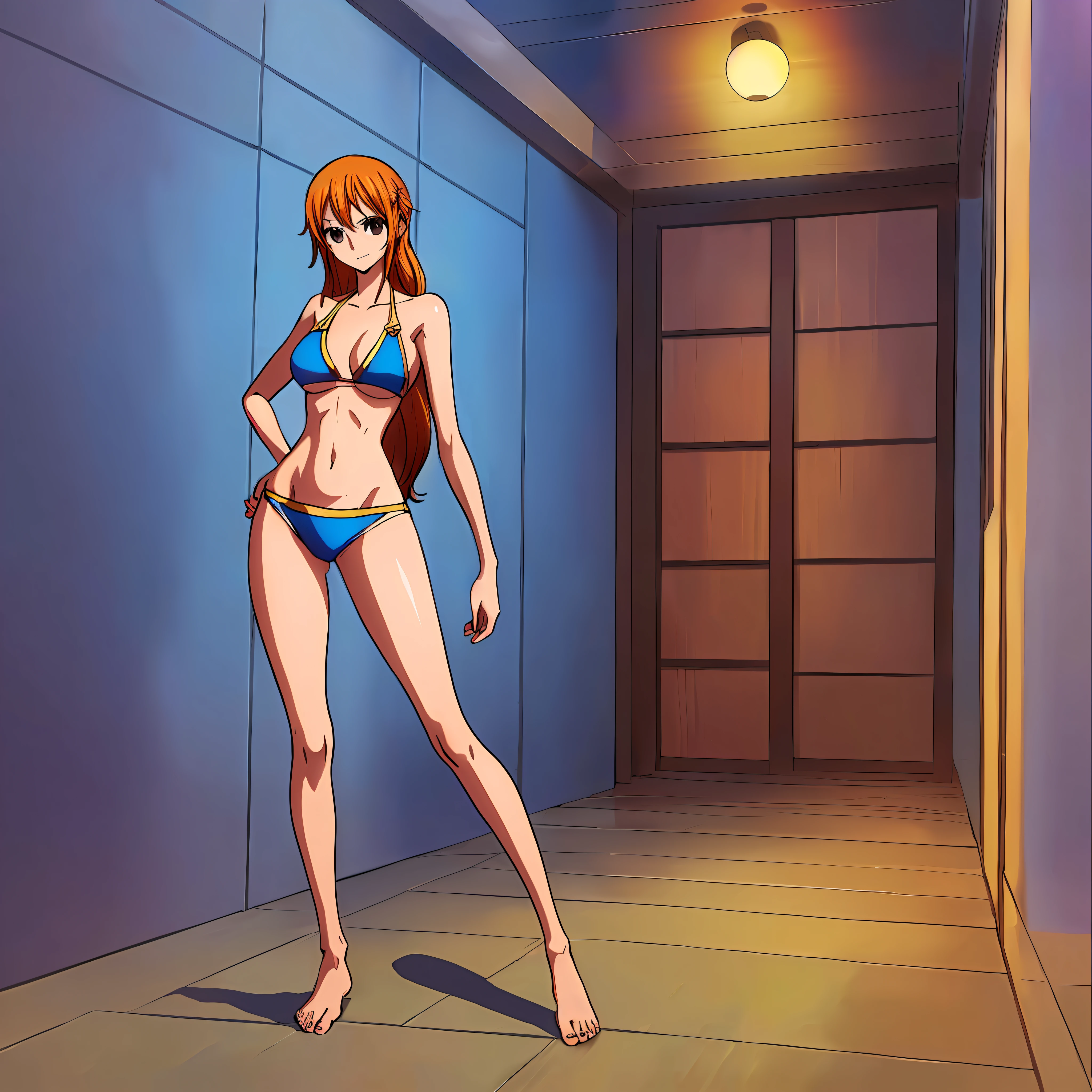 Best Quality, Ultra Quality, High Quality, 8K, Nami, 1 Girl, Full Body, Beautiful Long Leg, Slim Body, Barefoot, Bare Arms, Bare Shoulders, Big, Standing, Tall, 8 Head Body, Skinny, Emaciated, Thin, Model Figure, Bikini, Eiichiro Oda, official art, space background, seductive and sexy, concept art