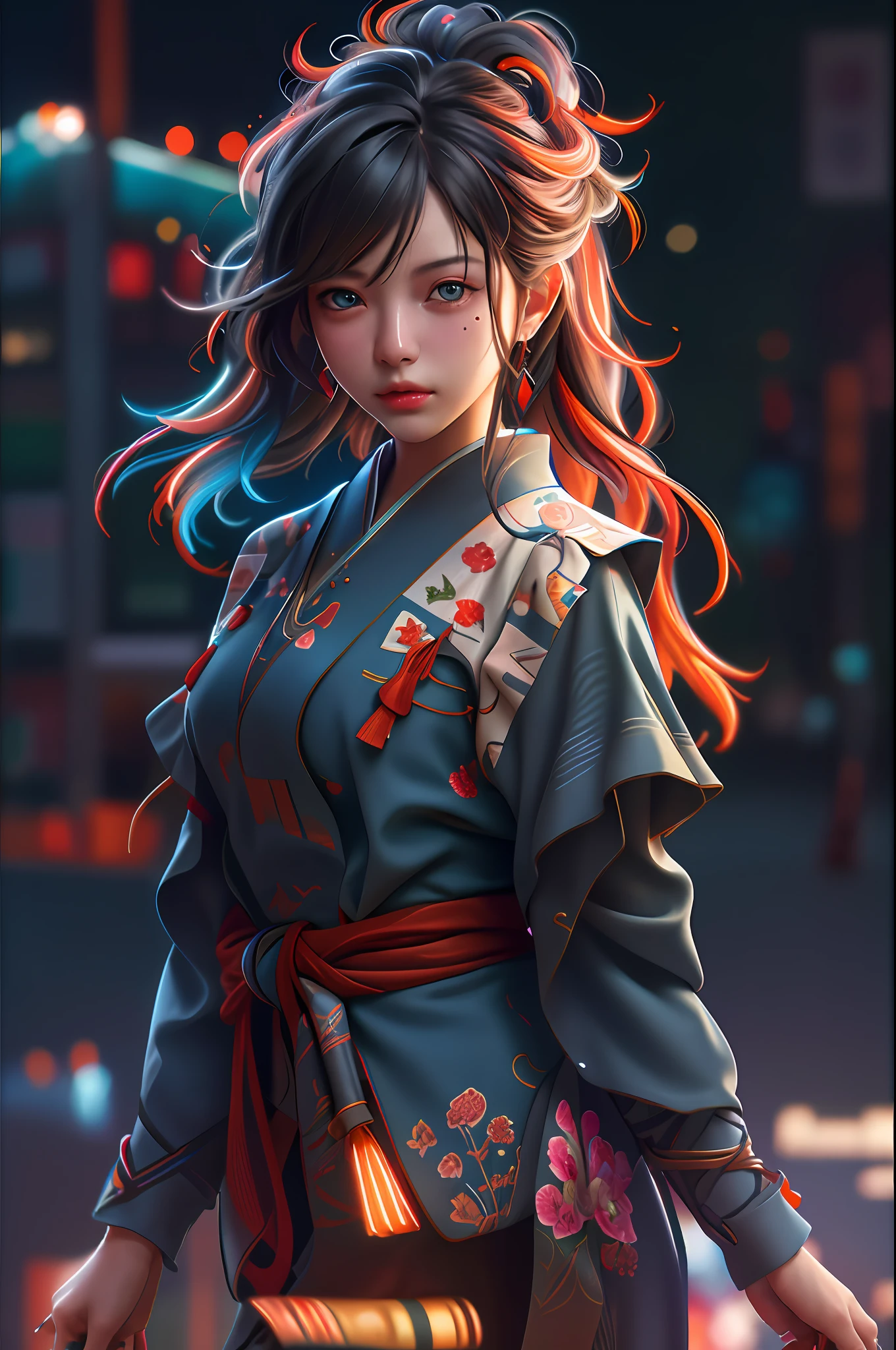 best quality, 8k,raw photo, ultra realistic, masterpiece:1.2,professional light, F1.8,(colorful),blue-orange hue,
1girl, red lips,
looking at viewer, highlight on face, upper body, close-up, mole on face,
city, night,tokyo street,