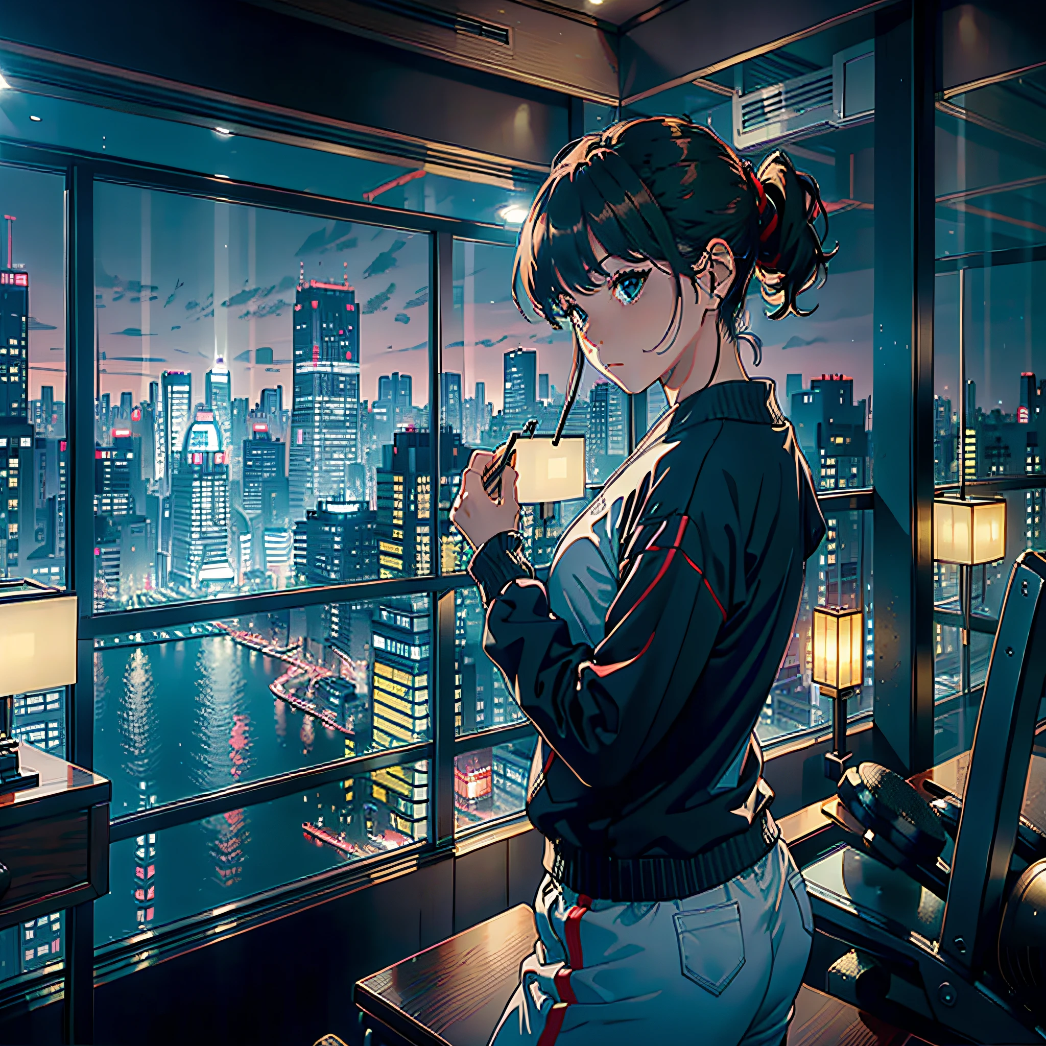 ((Masterpiece)), ((Best Quality)), 8K, HD ((Hotel Gym 1.5))(Japan Bustling City 1.4)(Hotel Front Desk)(Architecture)