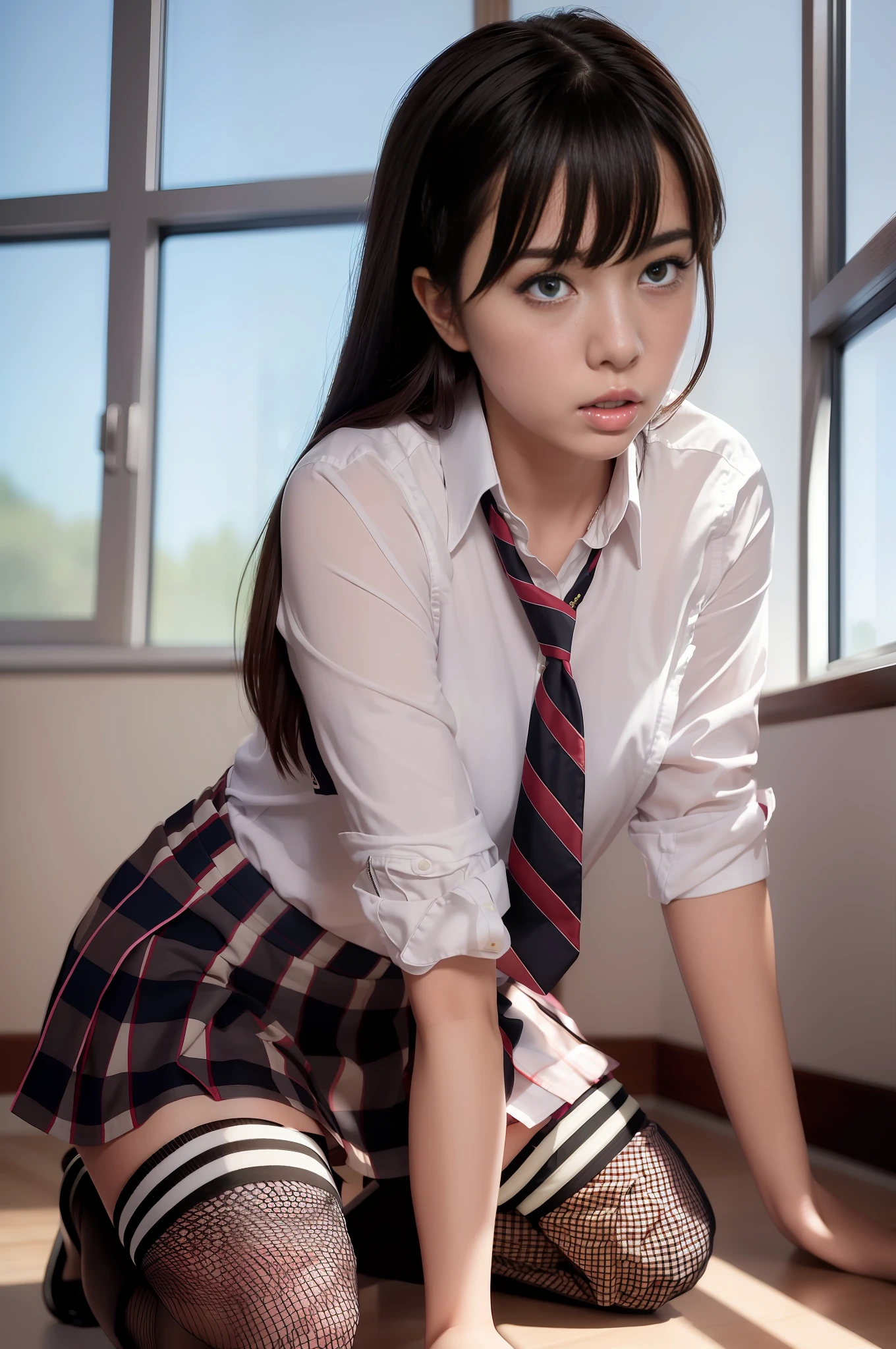 (masterpiece, best quality:1.2), 1girl, (solo:1.5), a hyperrealistic schoolgirl, yukinoshita yukino, looking at viewer, on all fours, school uniform, white shirt, plaid skirt, thighhighs, afternoon, classroom hyperrealistic schoolgirl, (ahegao:1.2)