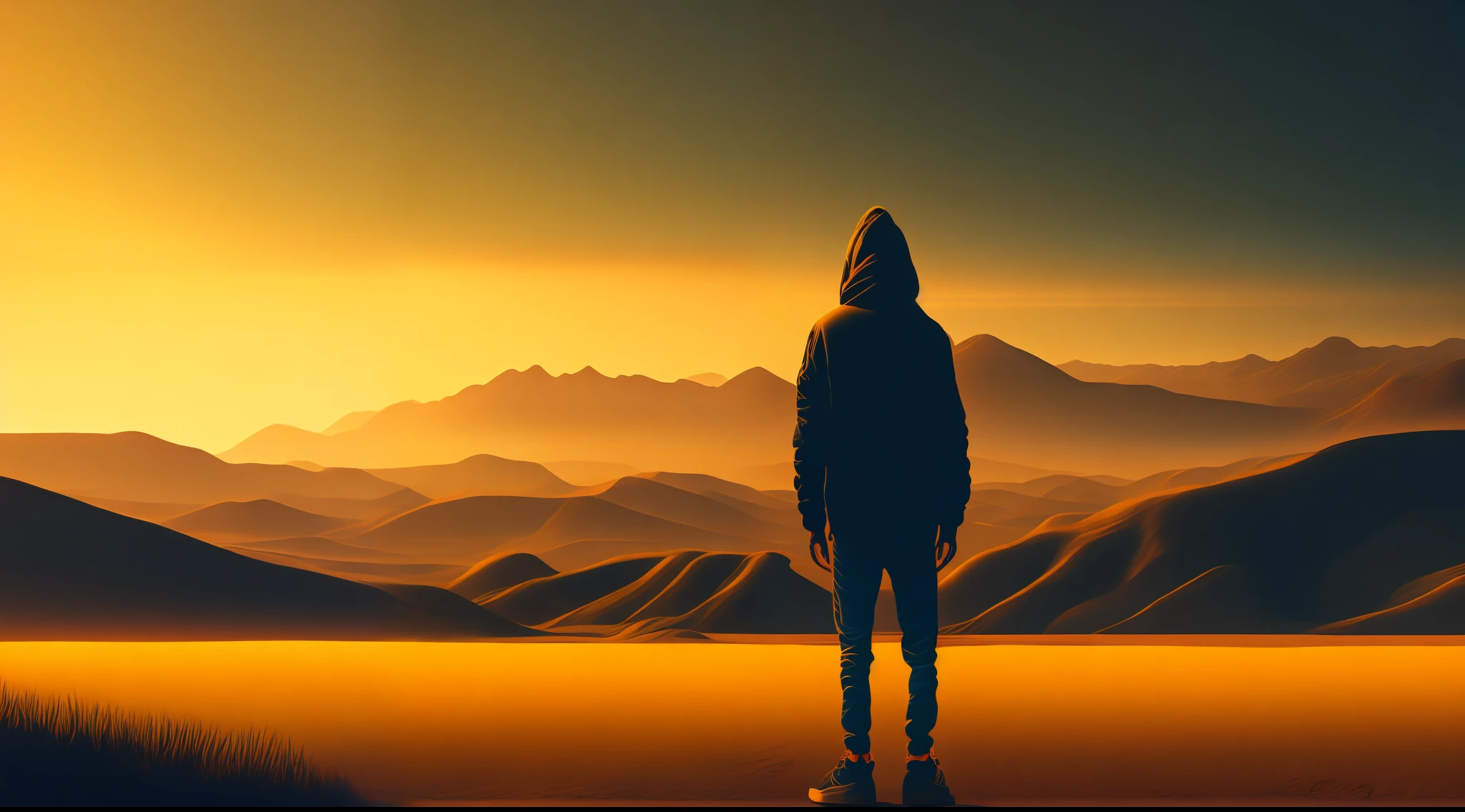 Simple man, very detailed background landscape,8k, Cyberpunk, golden 8k.