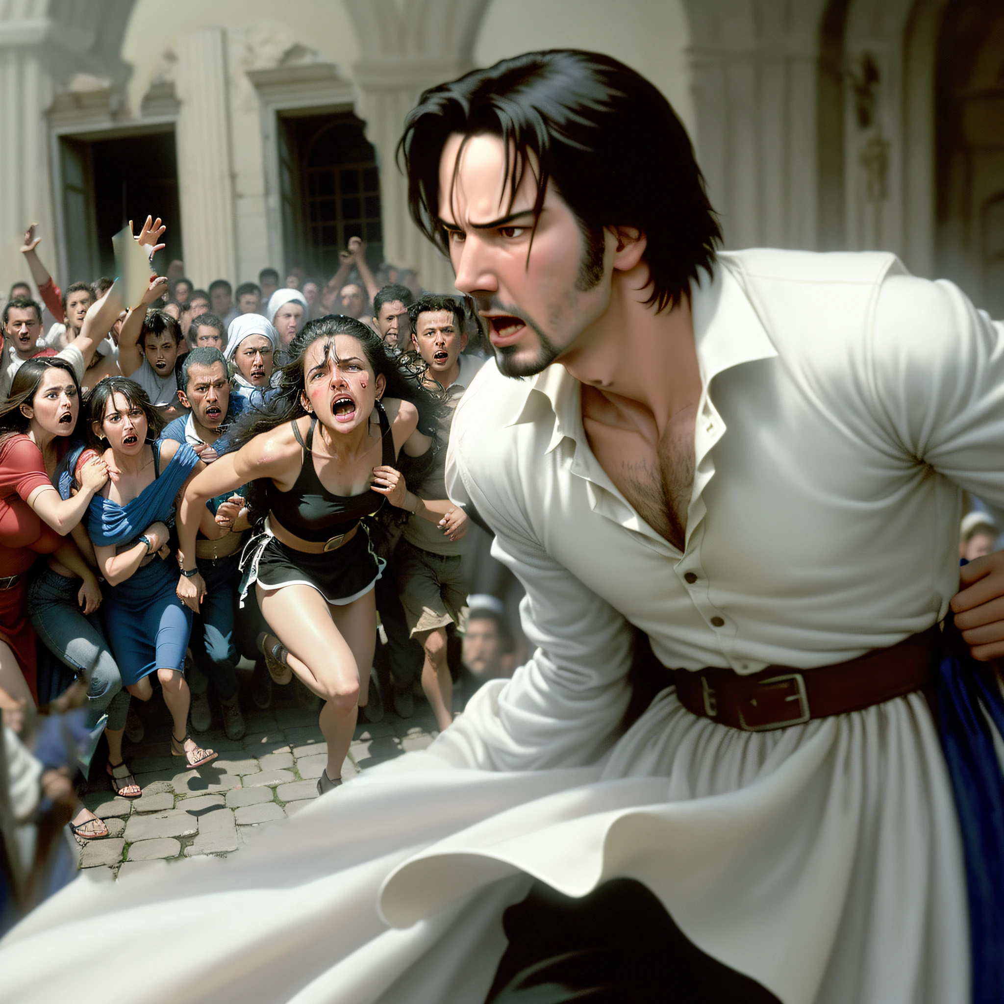 crowd of people from biblical times running and crying, people desperate, people evacuating