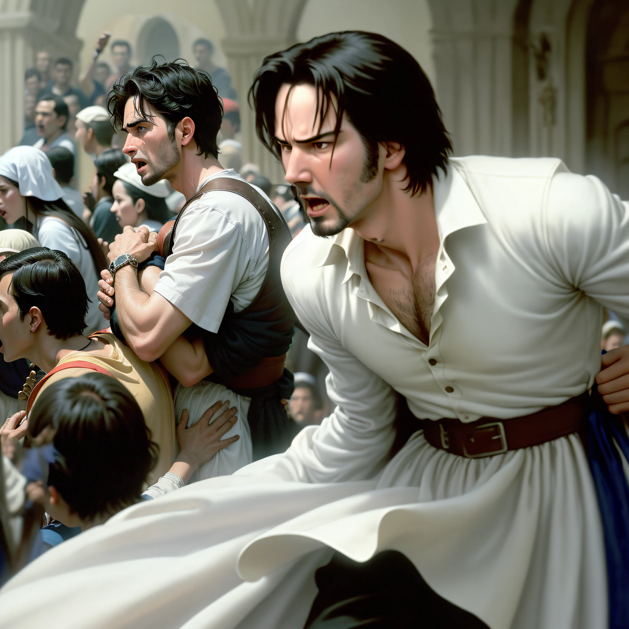 crowd of people from biblical times running and crying, people desperate, people evacuating