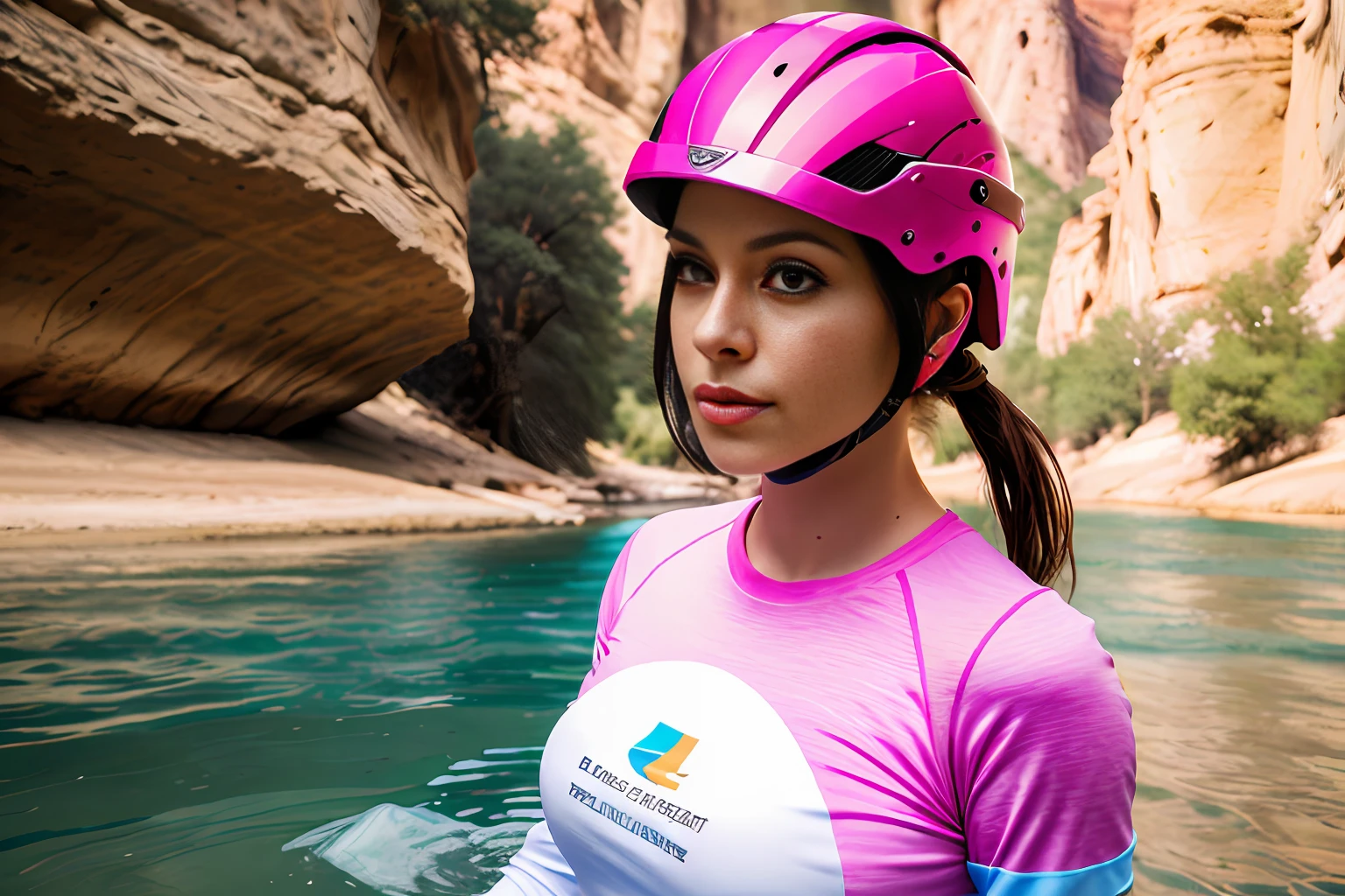 Woman, 24 years old, European, long sleeve t-shirt, pink leggings, Masterpiece, 8k, realistic, helmet, shoes, canyon, river, sunny, bathing in a river