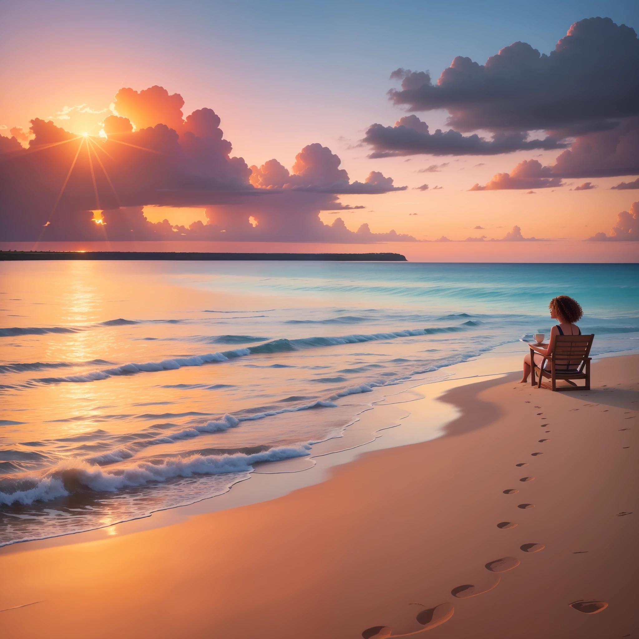 A stunning landscape is revealed. We find ourselves on a secluded tropical beach, where the harmony between nature and tranquility is evident. The sun sets on the horizon, painting the sky with soft shades of pink and orange, reflecting in the crystal clear water of the sea. The soft white sand stretches out in front of us, inviting relaxation. A curly-haired woman is sitting on a beach chair, staring out at the sea, while holding a steaming cup of coffee in her hands. His facial expression conveys serenity and gratitude. The combination of the tranquil landscape, the crystal clear water and the presence of the woman enjoying a moment of tranquility with her hot drink conveys a deep sense of peace and contentment.