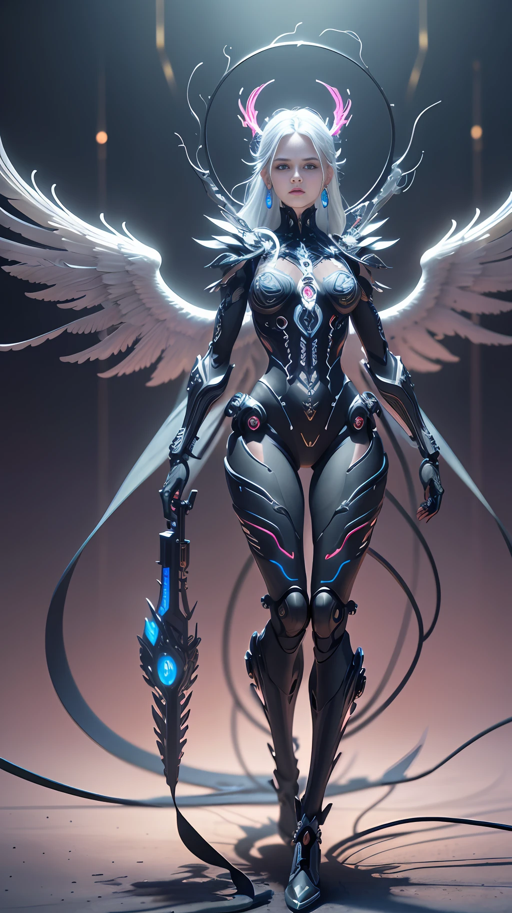 Ultra Detailed full body HD photo of Beautiful Angel of Death, Biomechanical Robot, Intricate 3D rendering, Simulated 150mm Lens, Beautiful Natural Soft Edge Light, Neon Vein, Roots, Delicate Leaf Lace, Colored Details, Boris Bidjan Saberi Garments, Pearl Earrings, Piercings, Art Nouveau Fashion Embroidery, Intricate Details, Mesh Lines, Mandelbrot Fractal, Facial Muscles, Cables, Microchips, Surreal, Octane, Volume Lighting, 8k and post-production, red white with a touch of black, metal skeleton detailing, half-human, iridescent, Glenn Brown style, futuristic room, power of God, high angle shooting, complex body poses