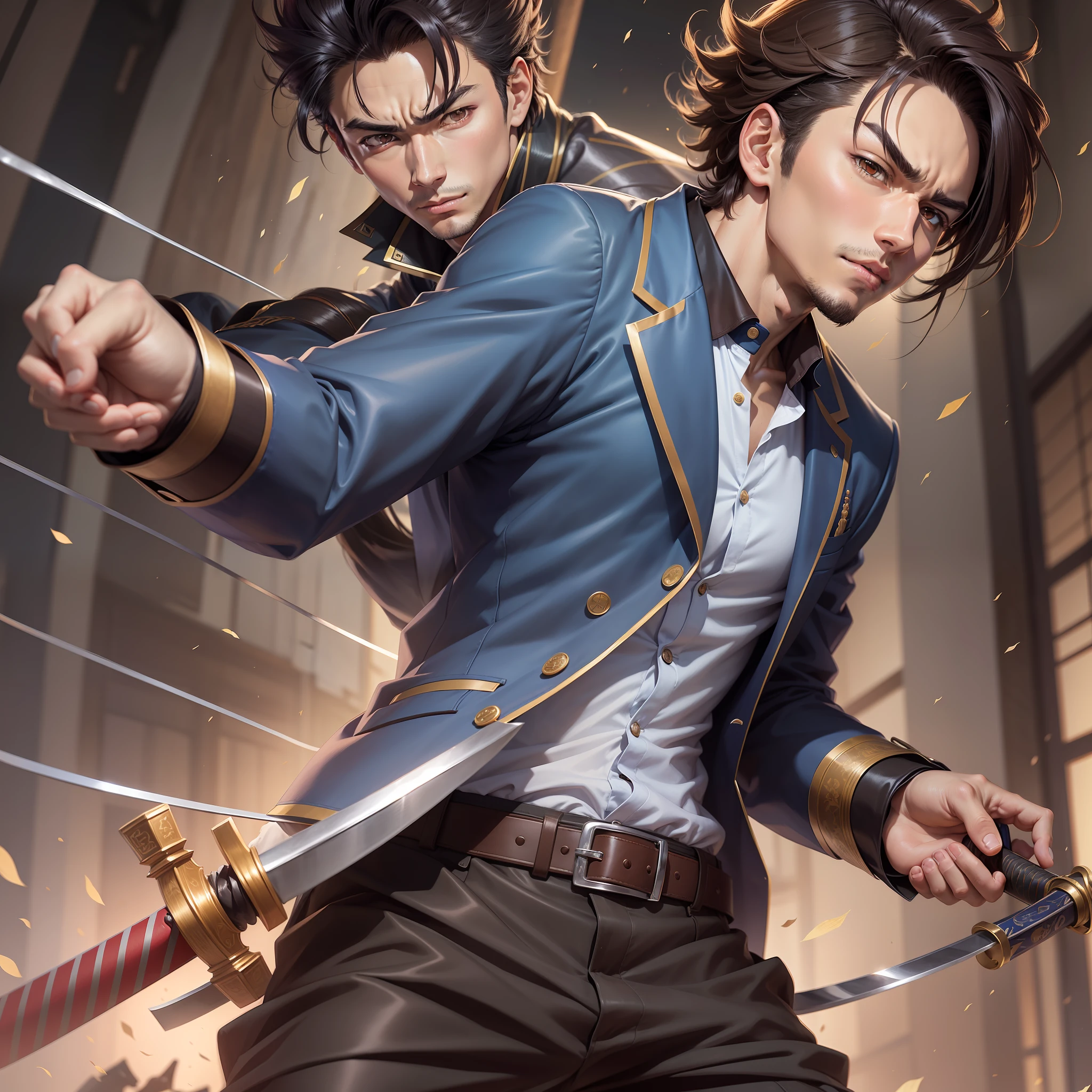Image of bank boy, approximately 14 years of mature appearance, brown eyes straight hair and long up to (shoulder height) and dark brown color, without beard or goatee, dressed in Japanese school style jacket of blue color and open showing muscular body, holding a katana, handsome face in demon slayer art, anime handsome man, male anime character, cute anime pose
