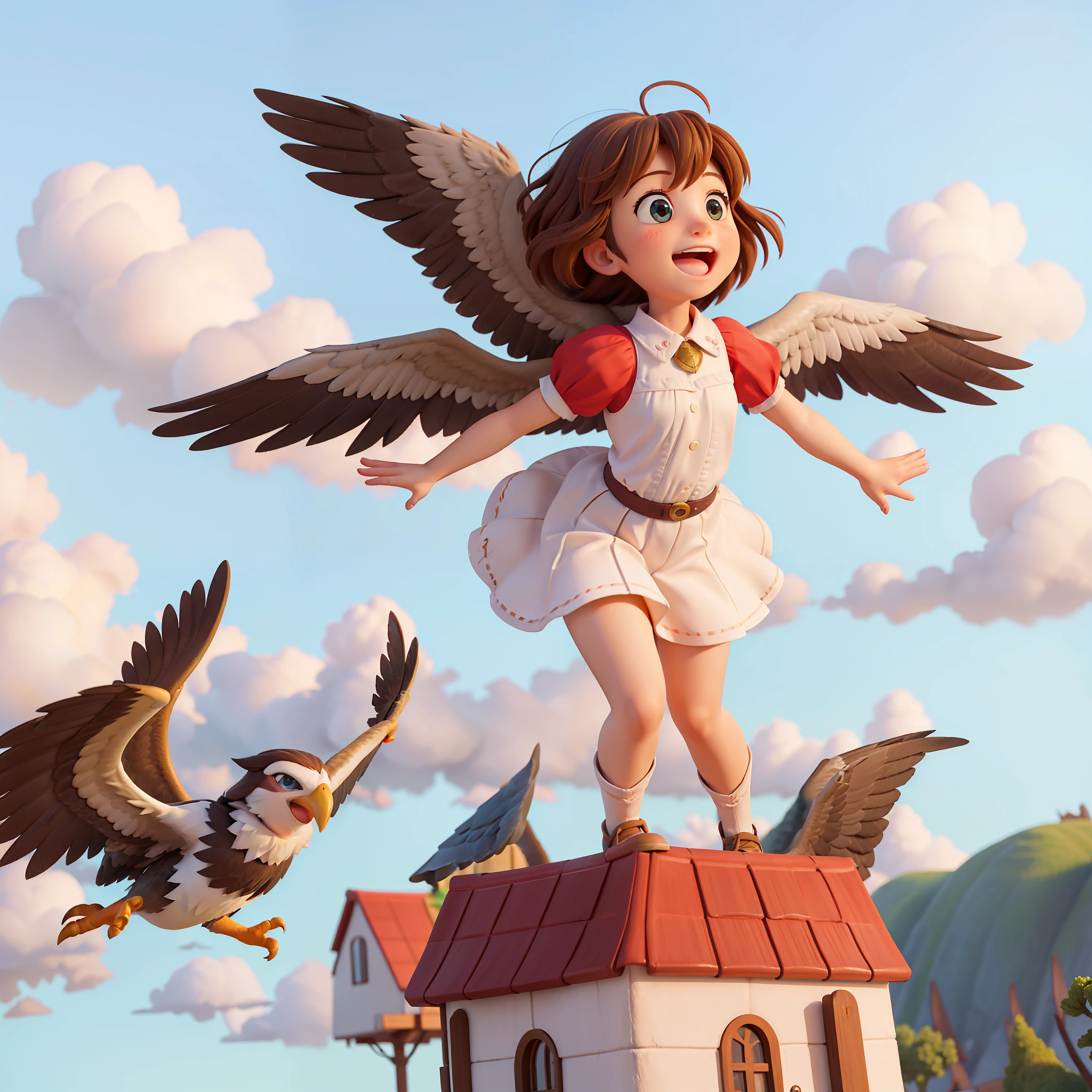 In this image, a girl finds herself on the back of a giant bird, crossing the skies in a scene of pure freedom and lightness. The majestic bird flies with grace and fluidity, its wings spread in mid-flight. The girl, with outstretched arms and a radiant smile, seems to be completely enveloped by the feeling of euphoria and joy that the experience provides. It is a visual representation of the ability to overcome limitations and rise above difficulties, finding joy and freedom even in challenging times.