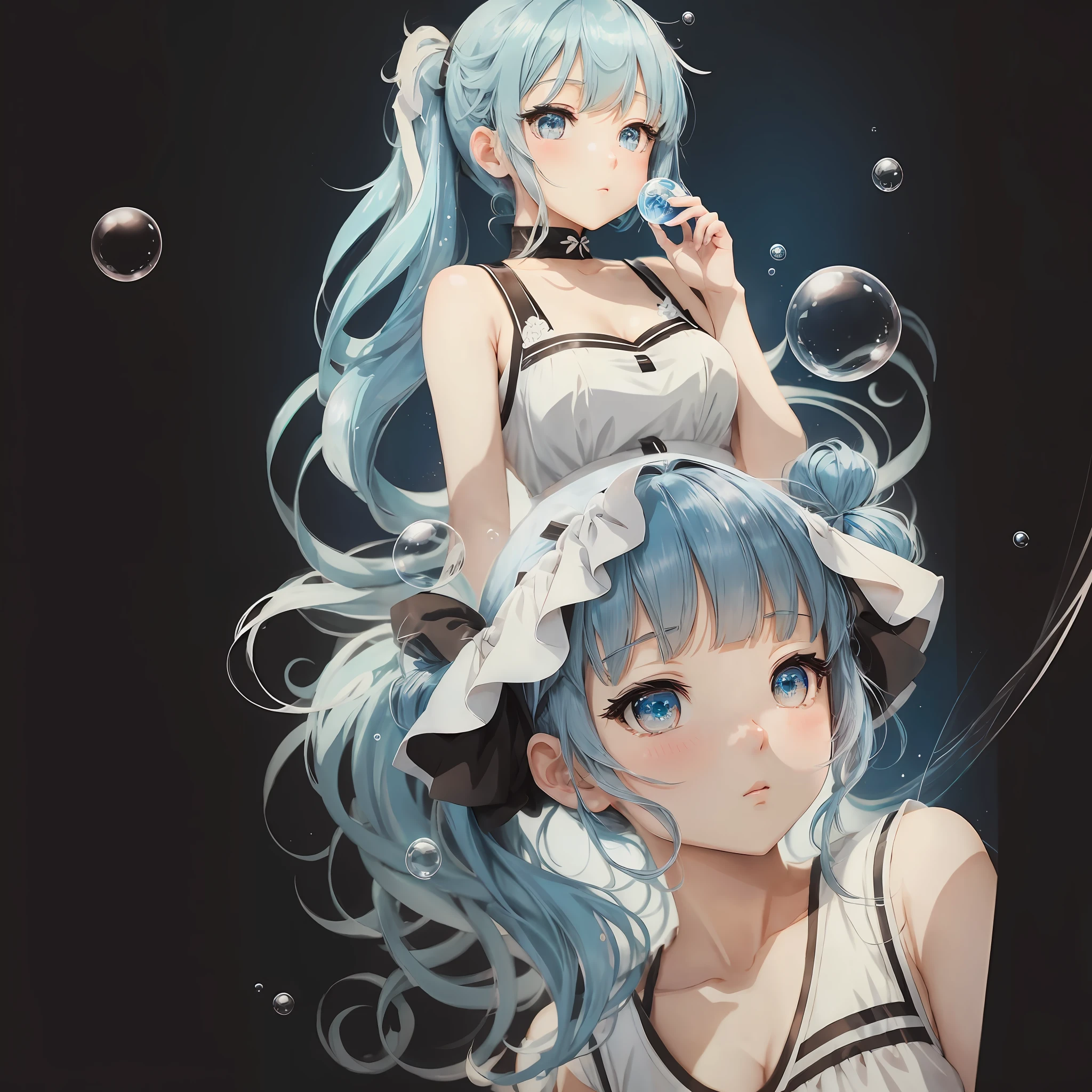 Anime style, Japanese and Korean manga style, character design, simple line design, blue hair, pigtails, bangs, simple clothing style, black and white clothing style, HD, bubbles, masterpiece, exquisite eyes, full body, American retro dress, model pose, {{best quality}}, {{masterpiece}}, {{ultra-detailed}}, {illustration}, {detailed light}, {an extremely delicate and beautiful} --auto --s2