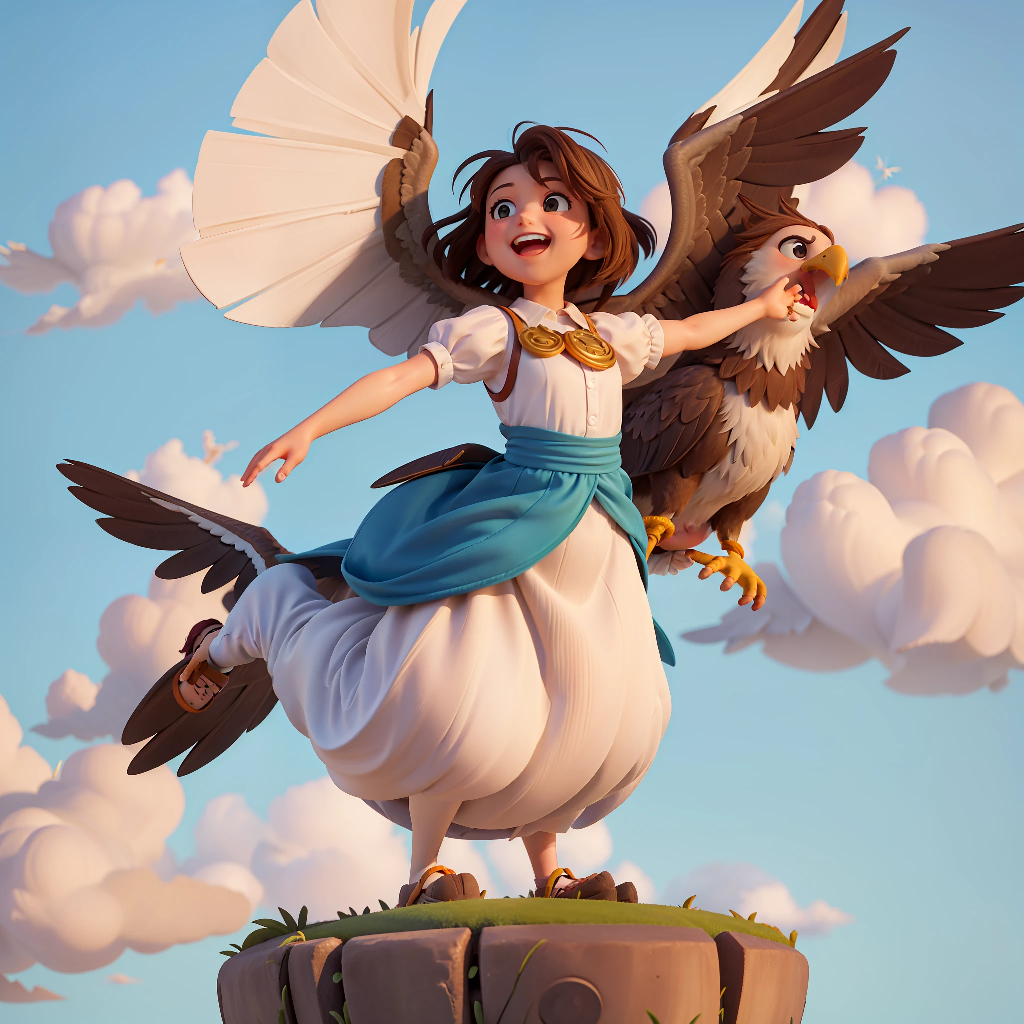 In this image, a girl finds herself on the back of a giant bird, crossing the skies in a scene of pure freedom and lightness. The majestic bird flies with grace and fluidity, its wings spread in mid-flight. The girl, with outstretched arms and a radiant smile, seems to be completely enveloped by the feeling of euphoria and joy that the experience provides. It is a visual representation of the ability to overcome limitations and rise above difficulties, finding joy and freedom even in challenging times.