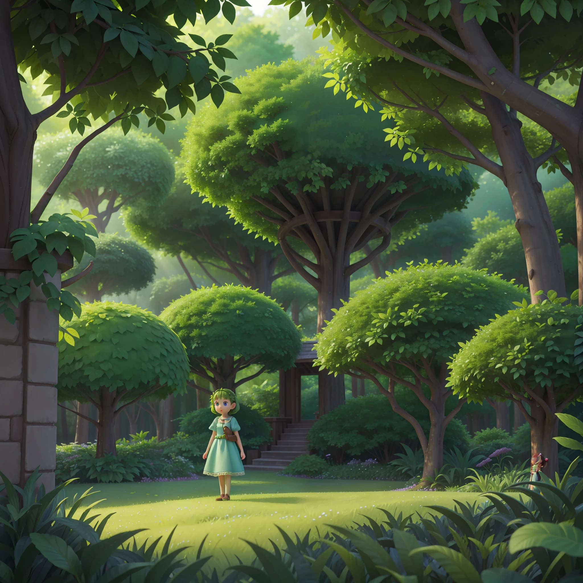 In this image, an enchanted forest reveals a magical scene full of mystery. The tall, leafy trees form a lush green canopy that delicately filters sunlight, creating a serene and welcoming environment. In the center of the forest, a brave little girl is standing atop a giant