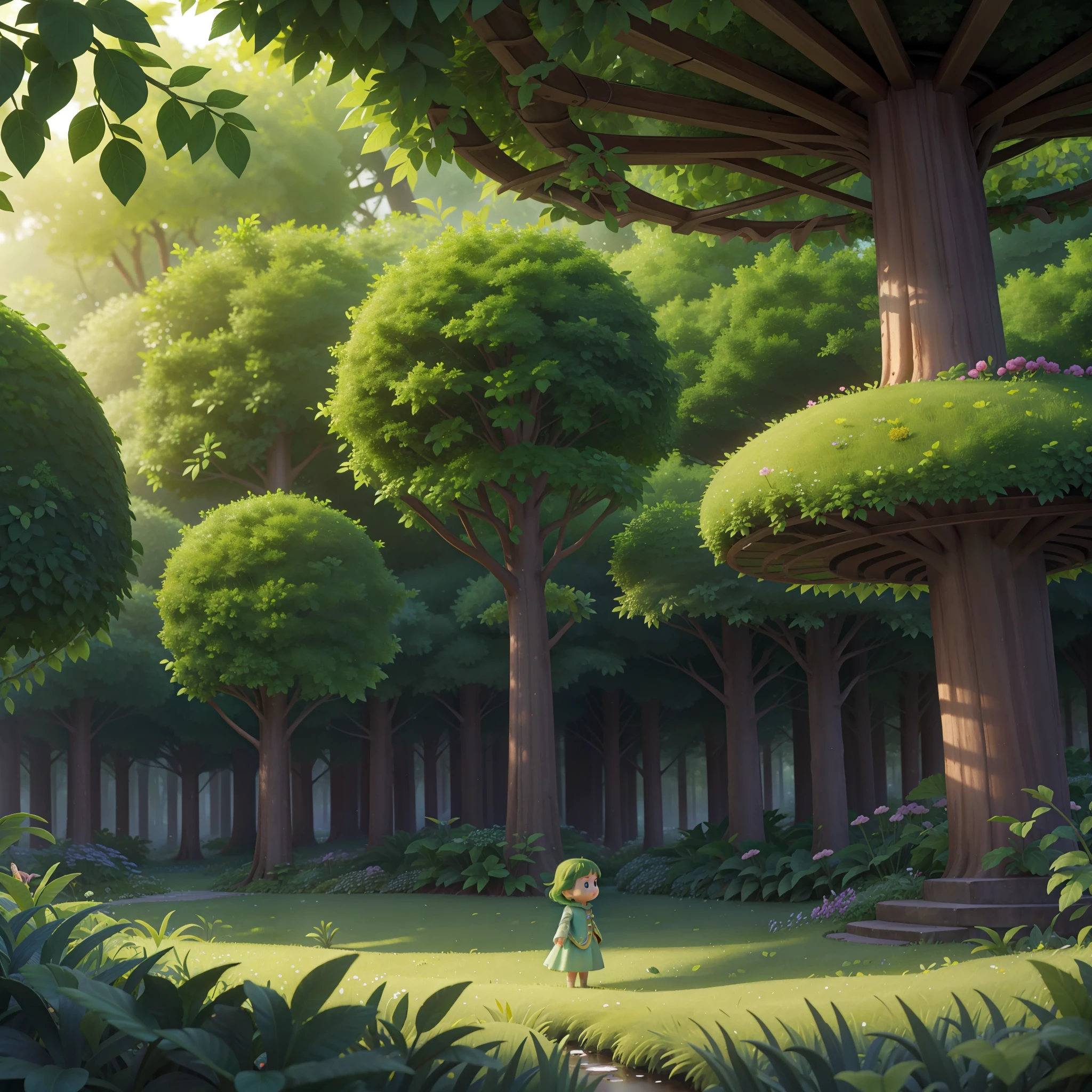 In this image, an enchanted forest reveals a magical scene full of mystery. The tall, leafy trees form a lush green canopy that delicately filters sunlight, creating a serene and welcoming environment. In the center of the forest, a brave little girl is standing atop a giant
