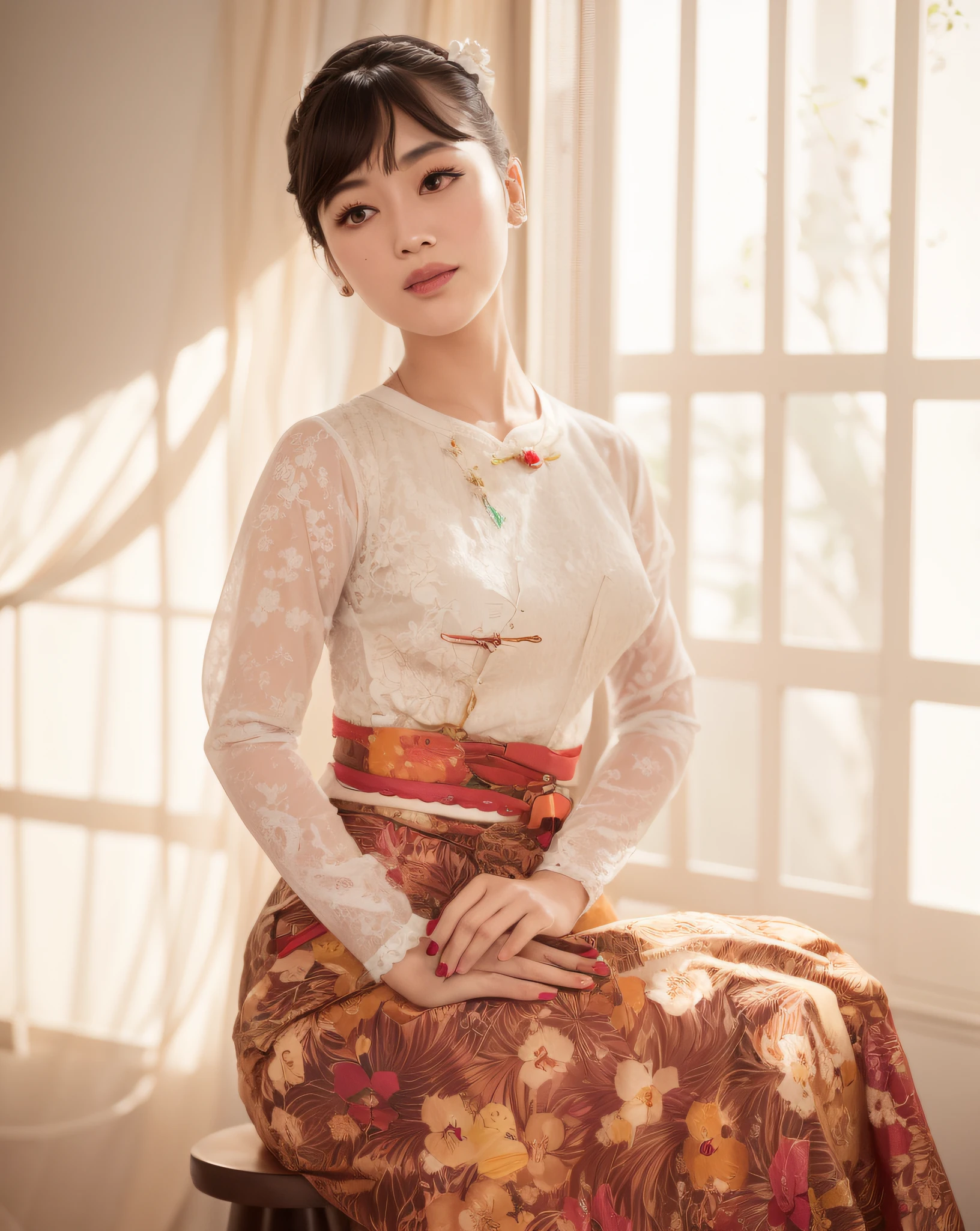 araffe woman sitting on a stool in a floral dress, traditional beauty, kiko mizuhara, dilraba dilmurat, in style of lam manh, traditional, by Ayami Kojima, solo photoshoot, elegant japanese woman, harumi, ad image, traditional clothes, traditional dress, in style of thawan duchanee, japanese model, casual pose --auto --s2
