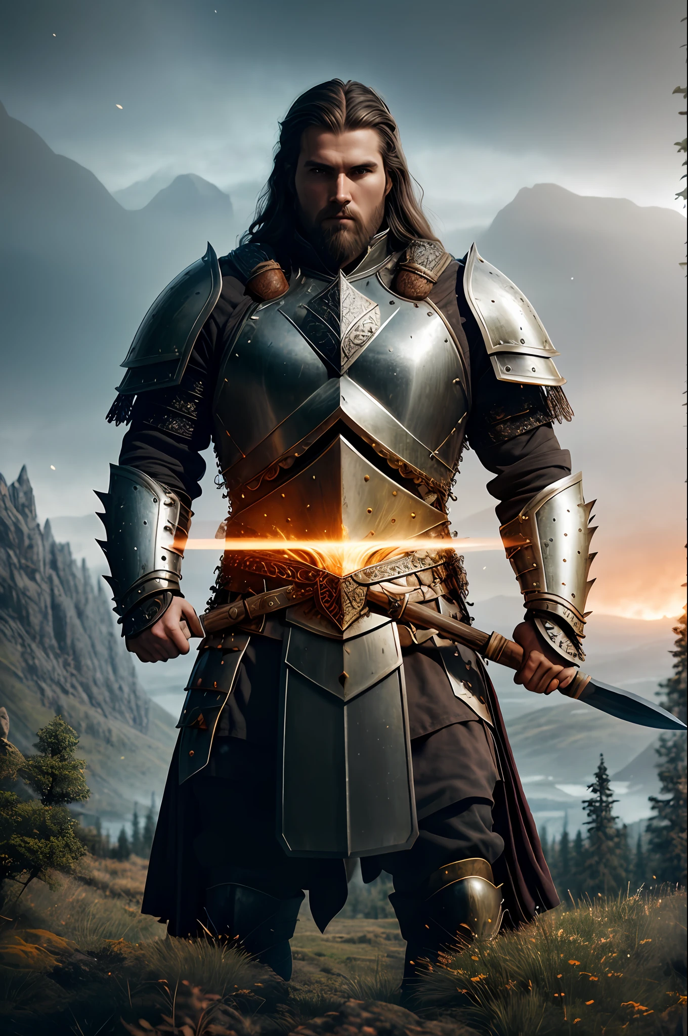 portrait photo of a brutal nordic Warrior, wearing intricate steel armor, holding magical fiery battle-axe, sharp focus, highland landscape with few trees background, magical aura, heroic pose, fantasy style, octane render, volumetric lighting, 8k high definition, highly detailed, trending on ArtStation, centered