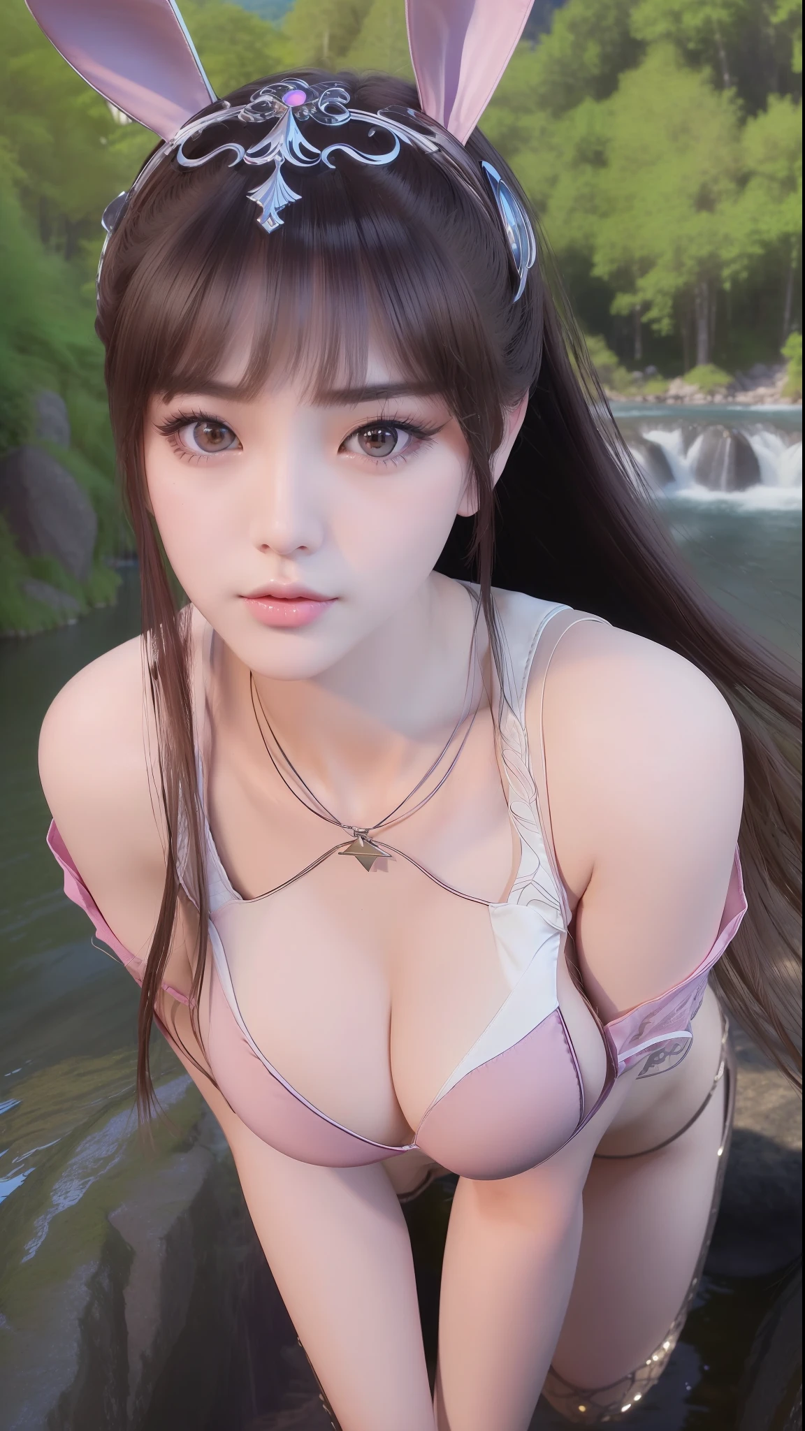 xiaowu, goddess, rabbit ears, (masterpiece, best quality, extremely detailed 8k, ultra hd, ultra-detailed, highly detailed, highly realistic, photo realistic), (russian, 1girl:1.5), (highly proportional head, 1head:1.5), (beautiful realistic face, detailed realistic face), (high detailed realistic hair, beautiful realistic hairstyle), (beautiful realistic purple eyes, high detailed realistic eyes, proportional eyes, high detailed pupils), (high detailed realistic natural eyebrows), (high detailed realistic lips, beautiful realistic lips, pink lipsticks), (high proportional realistic breasts, realistic medium breasts), (no bra:1.4), slender body, highly detailed realistic skin, sweaty skin, full body view, full body shot, lingerie, waterfall, lake, trees, grass, rocks, realistic background