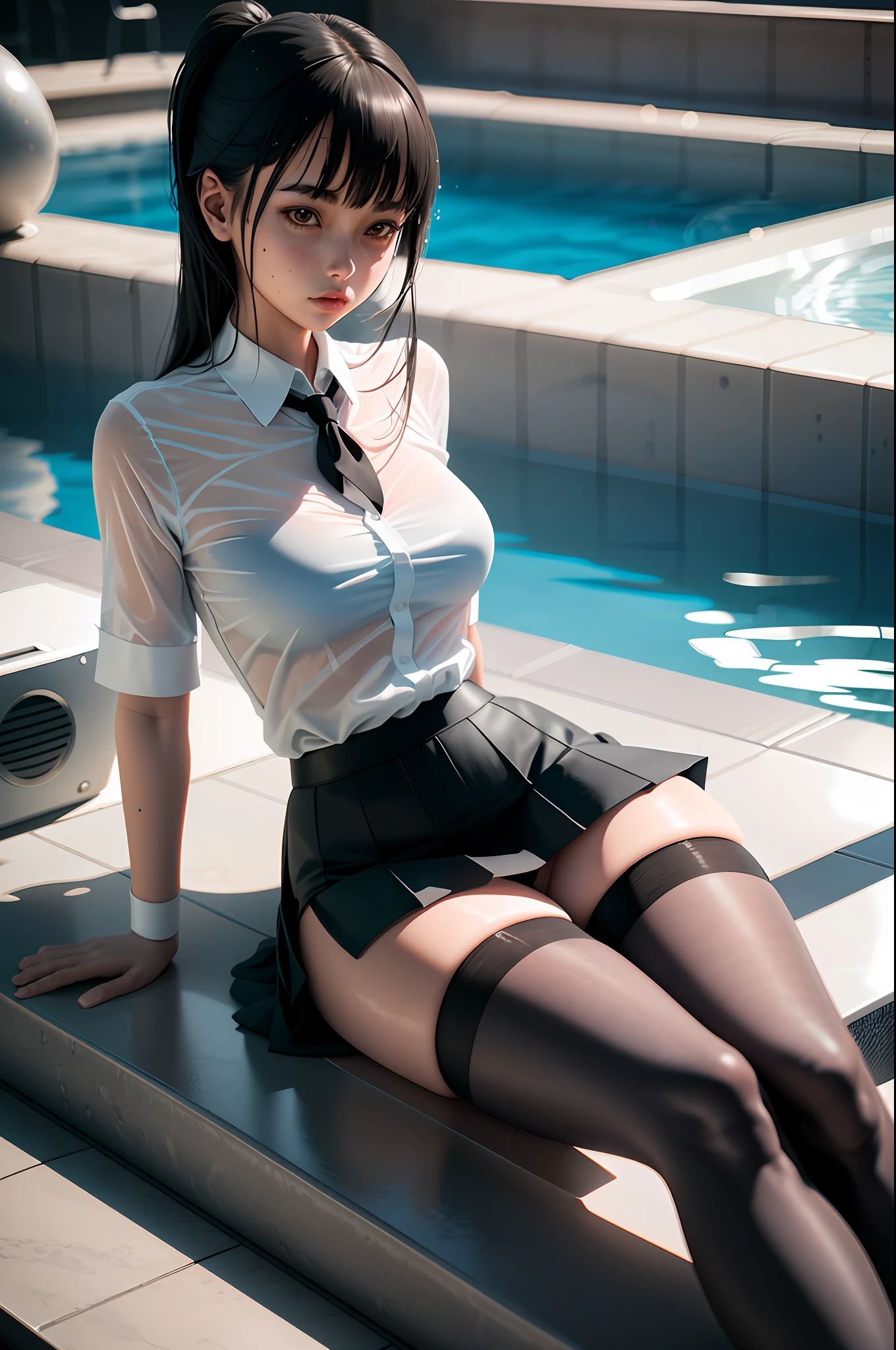 There is a woman sitting by the pool, a surreal schoolgirl, surreal pictures, realistic perfect body, realistic schoolgirl, realistic anime girl rendering, realistic anime 3D style, detailed legs, thighs and skirt, thin long black stockings, translucent white shirt, black stockings strangled thigh flesh, stockings wet with water, Canon EOS R6 shot