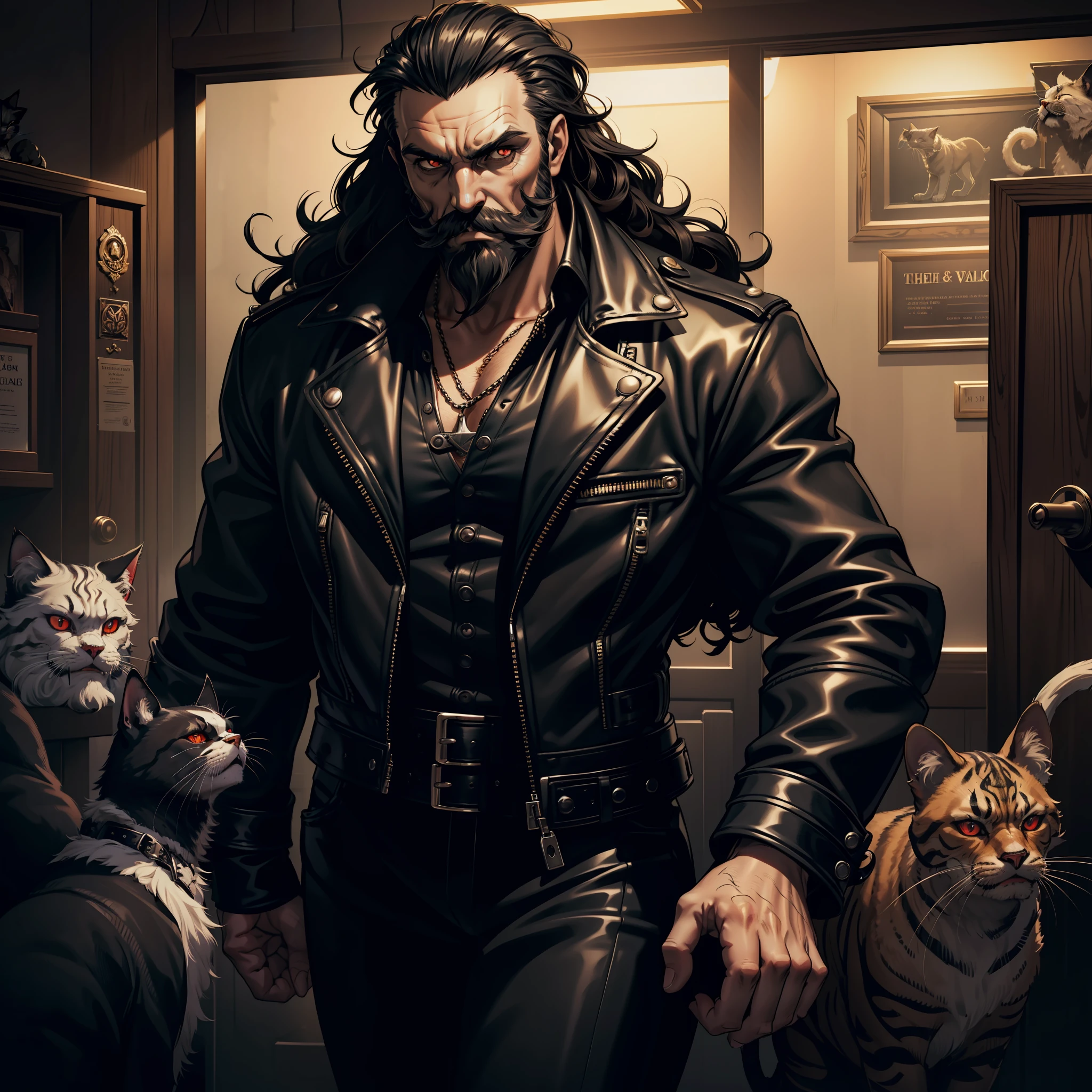 (extremely detailed 8k wallpaper), dark theme, Vampire the Masquerade, modern horror, 2020s, big middle-aged man, wearing leather biker jacket, sharp focus, (subsurface scattering:1.1), award-winning photography, centered face, ((a Gangrel vampire))), half-body shot:1.1, long curly black hair, supernatural red eyes, large curly black beard and mustache,  Inquisitive expression, interior of veterinary room with many cats, dramatic lighting