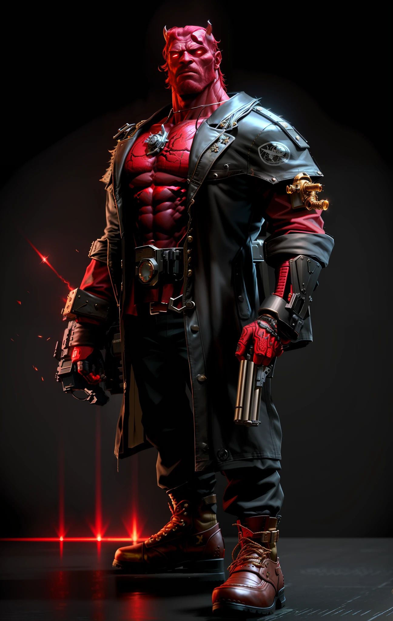 1 man, digitally painted, Terminator and Hellboy crossed, standing, full length, white background, balding, bearded, pair of sawn-off red horns on head, face half Hellboy and half Terminator, red well-developed muscles, half chest revealing Terminator's mechanics, wearing Hellboy's trench coat and utility belt, one red arm revealing Terminator's metal endoskeleton, holding a pistol, other hand wearing huge red metal glove, cigarette in mouth , extremely hyper aesthetic intricate detailed, sharp focus, bewitching lighting, trending on artstation, finely detailed clothes, cinematic lighting, unreal engine, octane render, full body shot, HDR, Unreal Engine 5, Octane Render, Cinematic, 32k, Natural Lighting, Ray Tracing Global Illumination, Digitally Enhanced, PhotoReal, Hyperdetailed, VFX, High Fidelity, expressive, dynamic pose, cinematic look, hight detalied, highly detailed, Cinestill 800T, sharp focus, intricate details, insanely detailed, Photorealism, High detail + Sony Alpha α7, sci - go cinematic style, volumetric lighting, zoomed out, action pose, sharp focus, dramatic lighting, centered, post processing, color grading, Redshift Render, ray tracing, epic, high detail, flashing lights