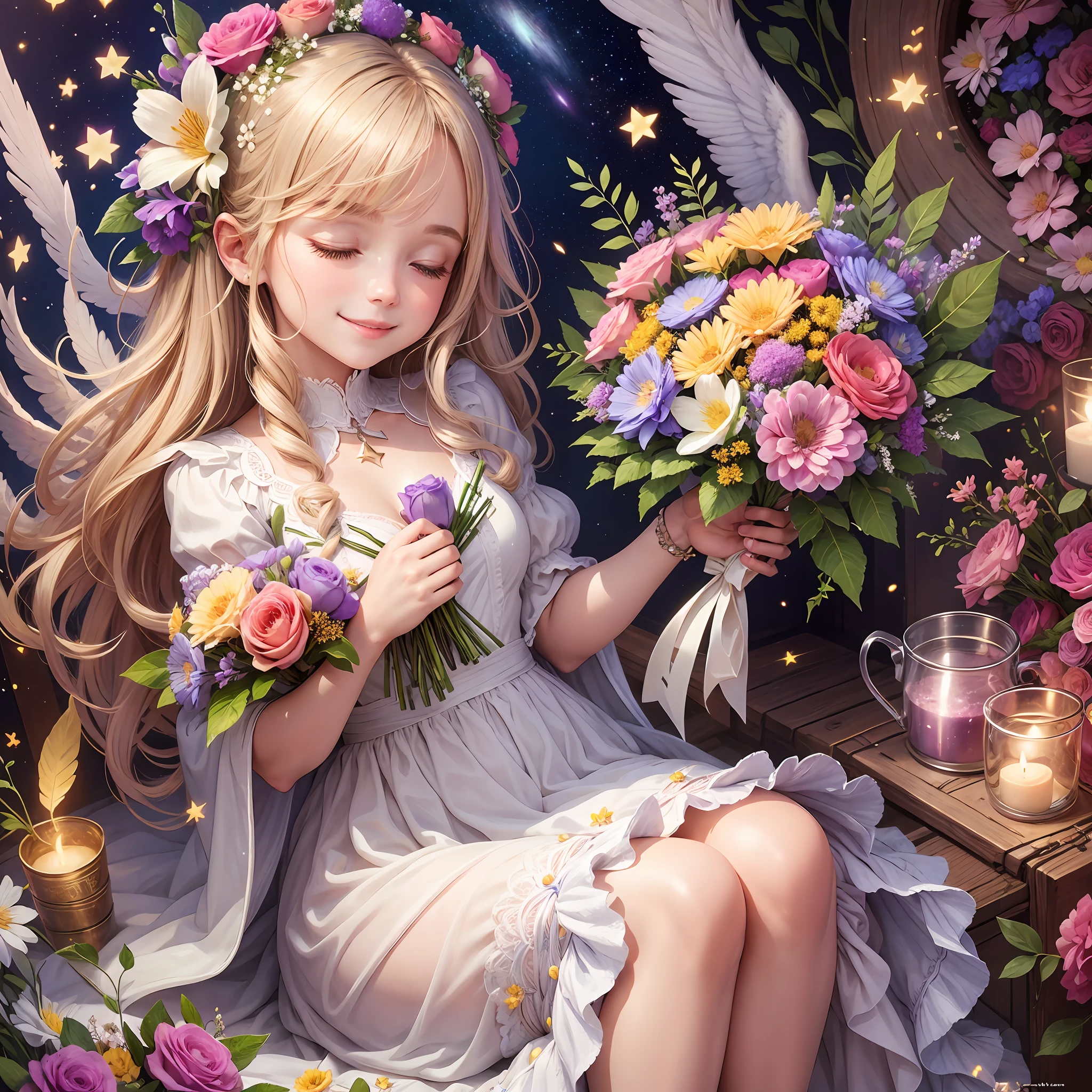With angels, bright and cute smile, wrapped in light, feathers, sparkle, mysterious, flower garden, stars, bouquet, rainbow, lassen, napping, full of gorgeous flowers --auto --s2