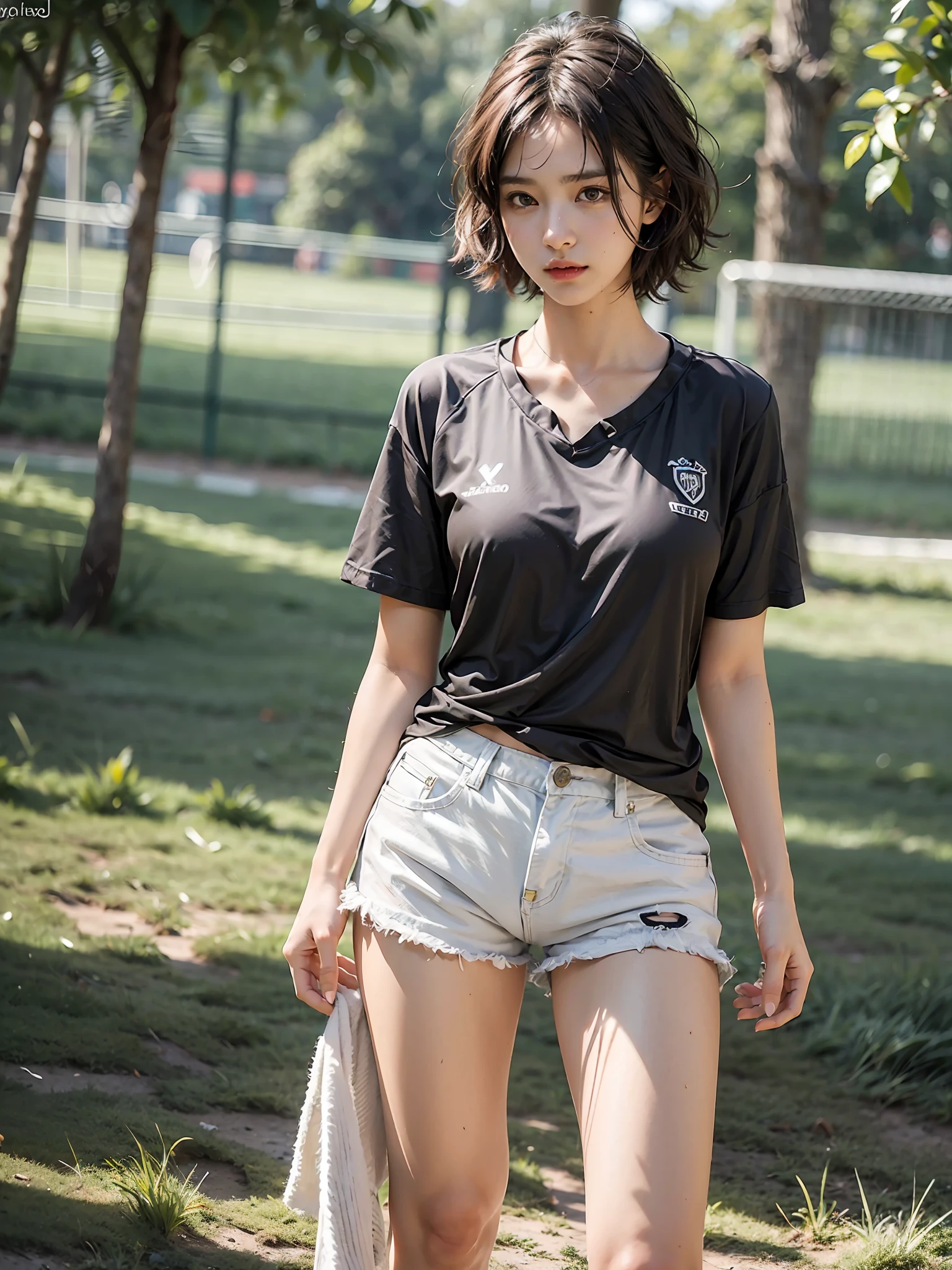 full body,Random posture, mix4,(8k, RAW photo, best quality, masterpiece:1.2), (realistic, photo-realistic:1.37), professional lighting, photon mapping, radiosity, physically-based rendering, gradient black colour hair,short curly hair, handsome, tomboy girl, red football player costume with t shirt and shorts  , top quality picture, high resolution, (clear face), (detailed facial description), (detailed hand description), (masterpiece), (exquisite CG), extreme light and shadow, messy hair, master's work, rich details, (fine facial features), (highest quality picture), (masterpiece), (detailed eyes),  Look ahead with your eyes,Fine collarbone, flat breast, small breast, slim waist,out door, soccer ground, grass,((soccer player costume)), large thigh,full body, boy style,big ass, tight t shirt with short
