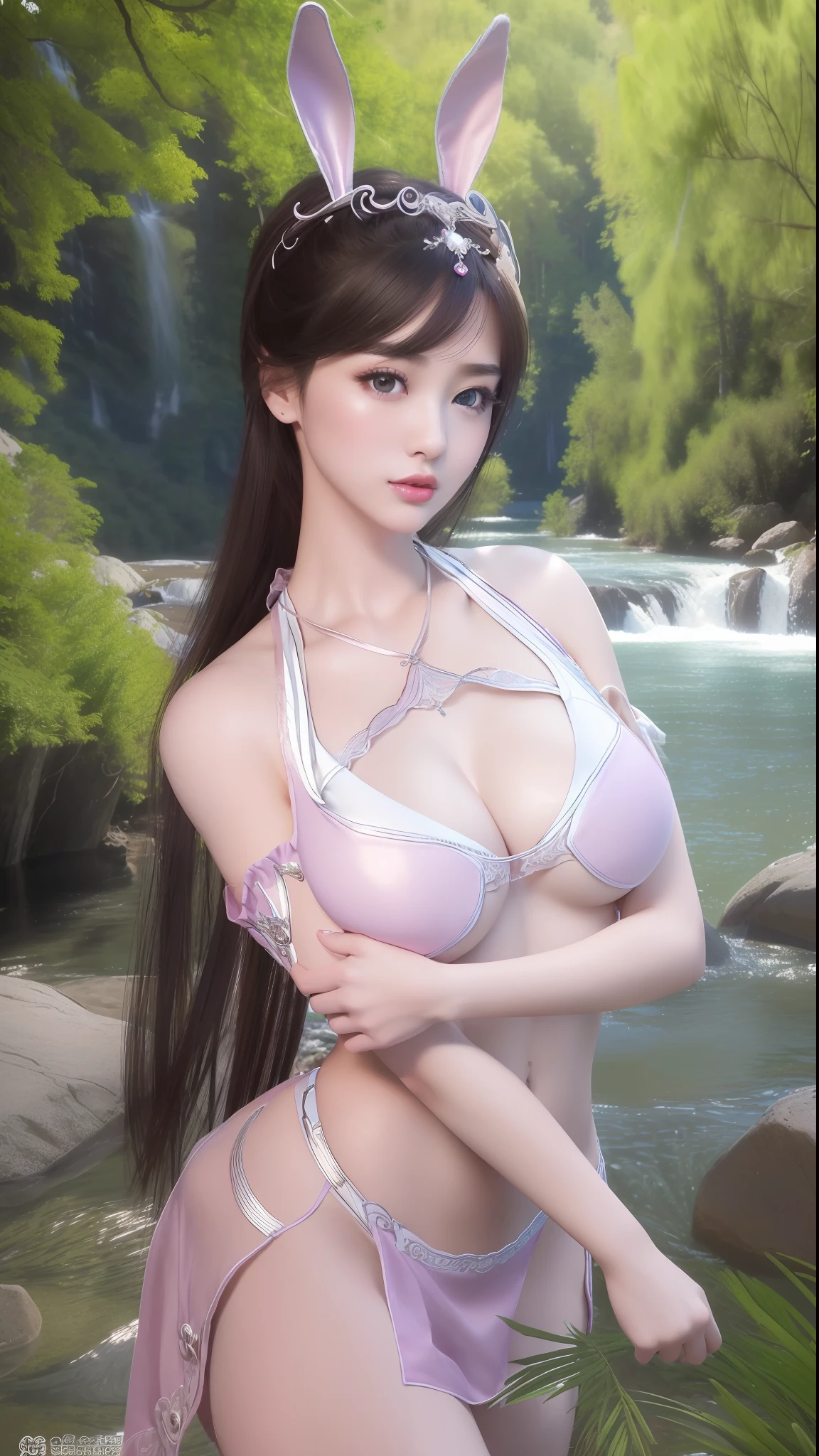xiaowu, goddess, rabbit ears, (masterpiece, best quality, extremely detailed 8k, ultra hd, ultra-detailed, highly detailed, highly realistic, photo realistic), (russian, 1girl:1.5), (highly proportional head, 1head:1.5), (beautiful realistic face, detailed realistic face), (high detailed realistic hair, beautiful realistic hairstyle), (beautiful realistic purple eyes, high detailed realistic eyes, proportional eyes, high detailed pupils), (high detailed realistic natural eyebrows), (high detailed realistic lips, beautiful realistic lips, pink lipsticks), (high proportional realistic breasts, realistic medium breasts), (no bra:1.4), slender body, highly detailed realistic skin, sweaty skin, full body view, full body shot, lingerie, waterfall, lake, trees, grass, rocks, realistic background