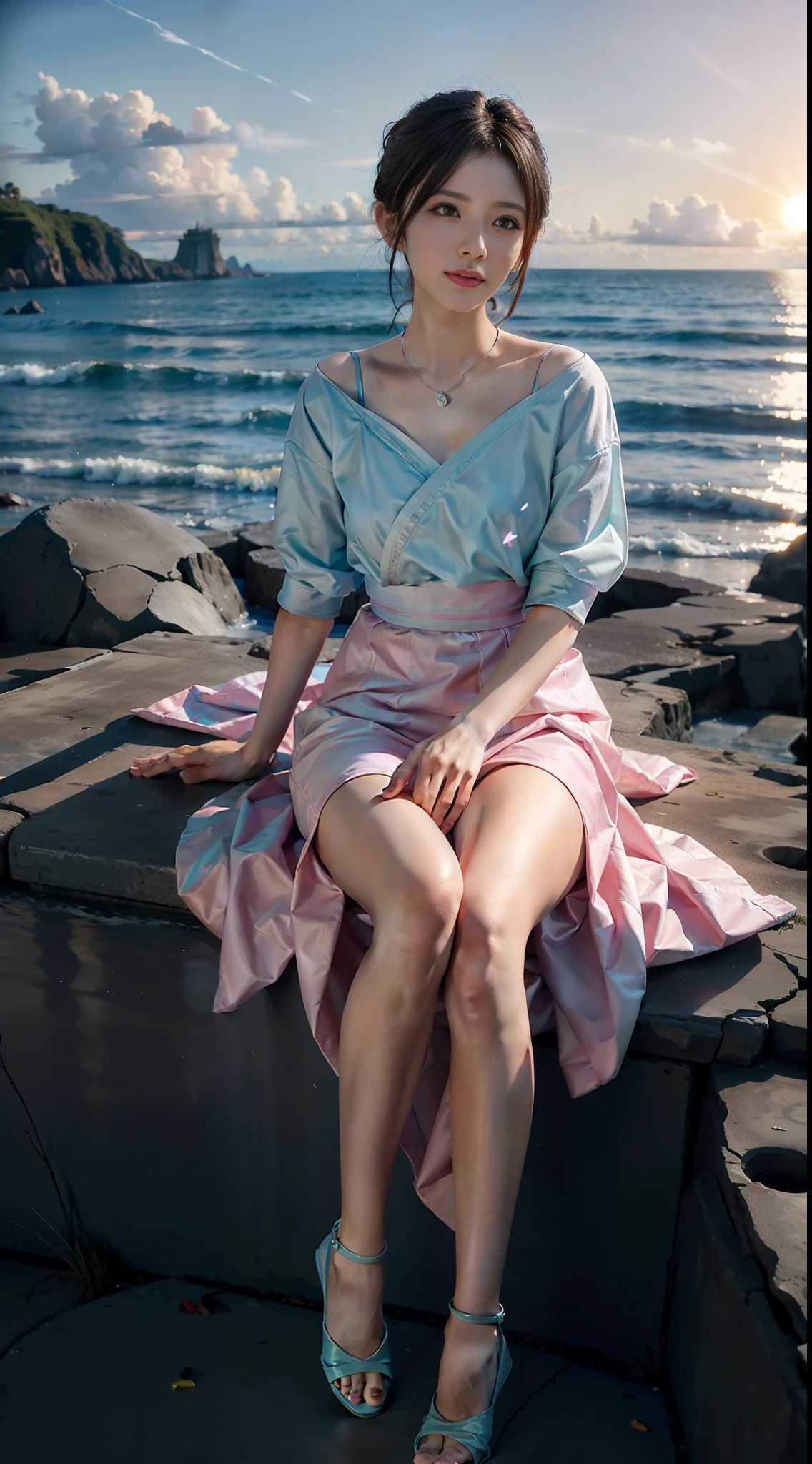 An asian girl, beautiful, young, slim, candy world, disneyland, ethereal, soft, pink sky, green, blue, diamond, sparkling gemstone, super realistic background, super quality movie, full hd, painting well lit, sunny, sunny, daytime, ocean, beach