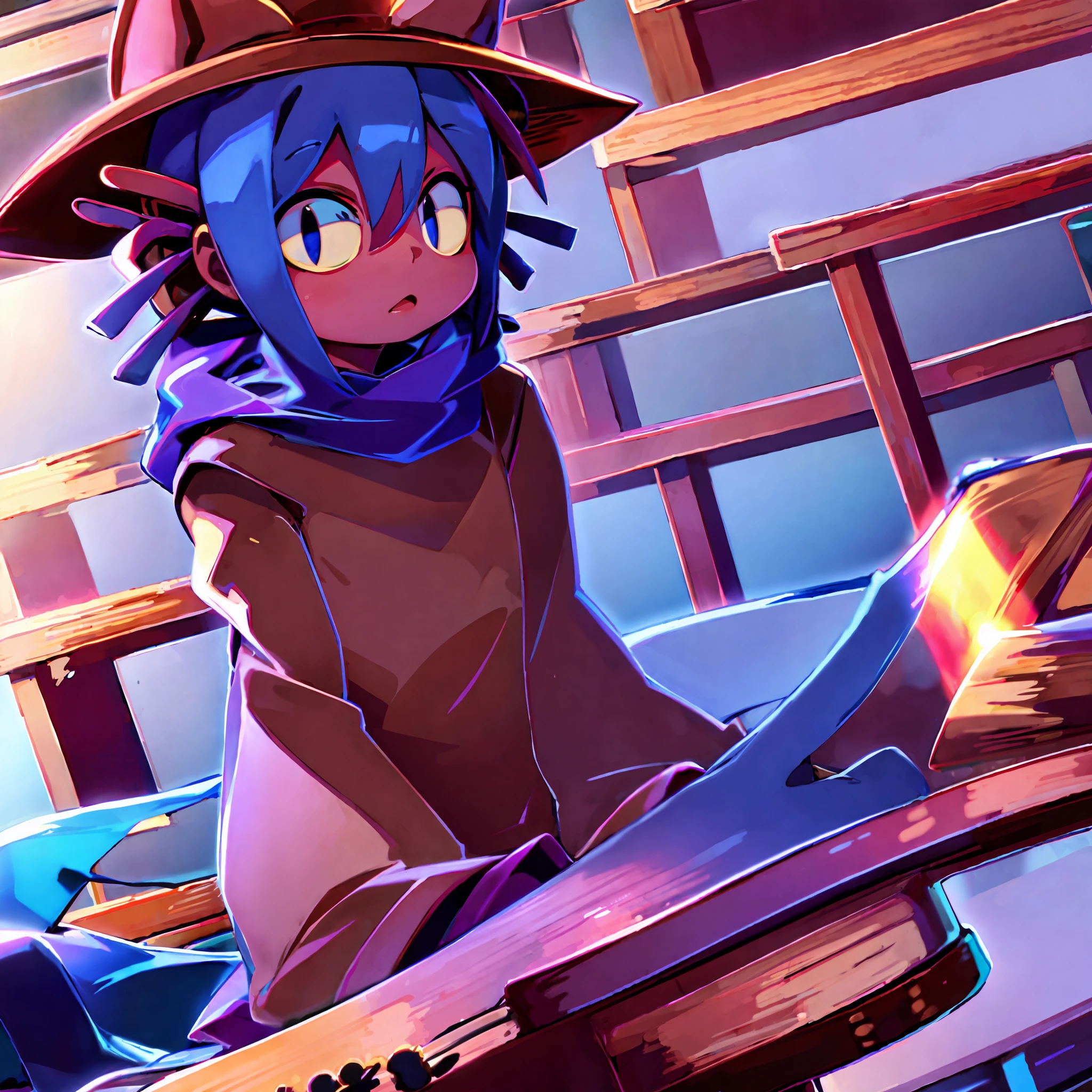 sitting, wooden table, simple background, long blue scarf, hat with cat ears,