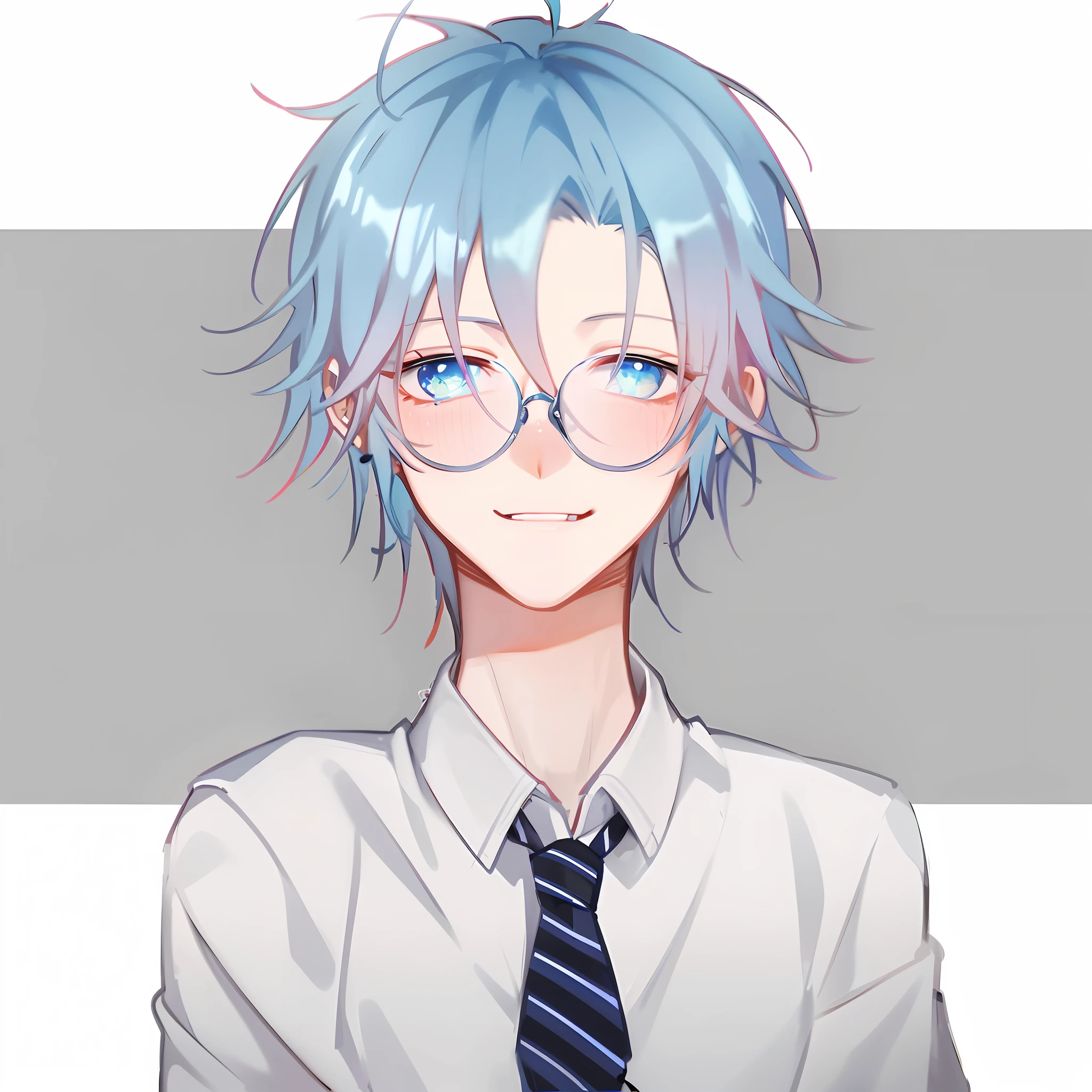 anime boy with blue hair and glasses wearing a tie, 2 d anime style, anime moe artstyle, 2 d anime, tall anime guy with blue eyes, young anime man, [[[[grinning evily]]]], sayori, anime boy, inspired by Okumura Togyu, made with anime painter studio, high quality anime artstyle