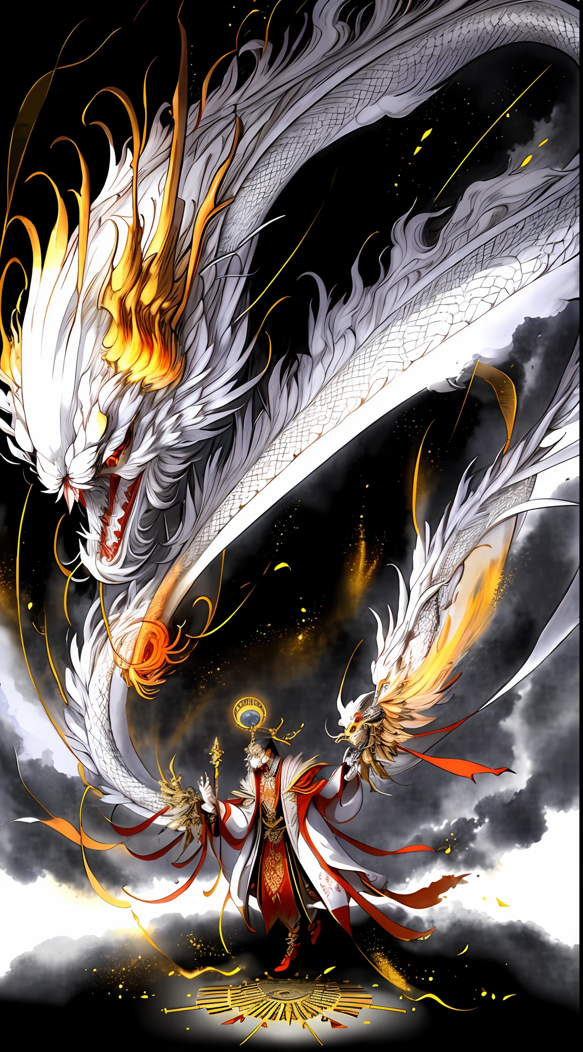 One man, master wizard in walking center, ancient Chinese imperial robe, majestic dominator, dragon and phoenix flying dance, sun, clear face, clean white background, masterpiece, super detail, epic composition, ultra hd, high quality, extremely detailed, official art, 8k uniform wallpaper, super detail, 32k -- v 6, wallpaper, best shadows, best colors